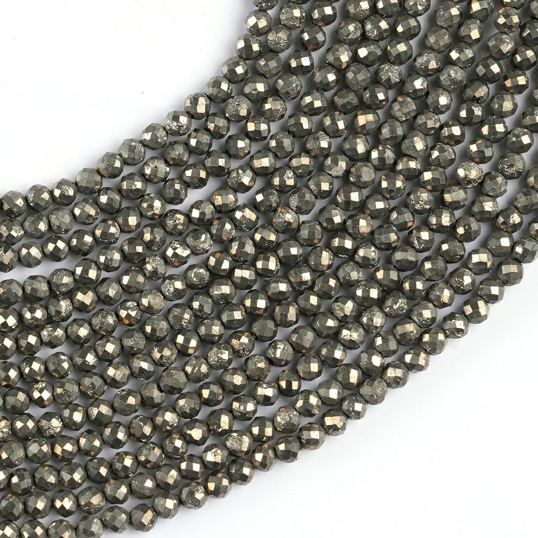 Natural Pyrite Gemstone Round Micro Faceted Beads String 15.5 Inches Long 2/3/4/6 MM for Jewelry Making and Crafting - AS & J