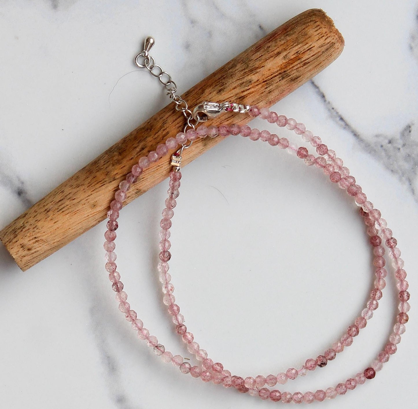 Genuine Strawberry Quartz Beads Necklace / Handcrafted Adjustable Mala Necklace / 3 MM Round Micro Faceted Beaded Necklace Jewelry - AS & JG