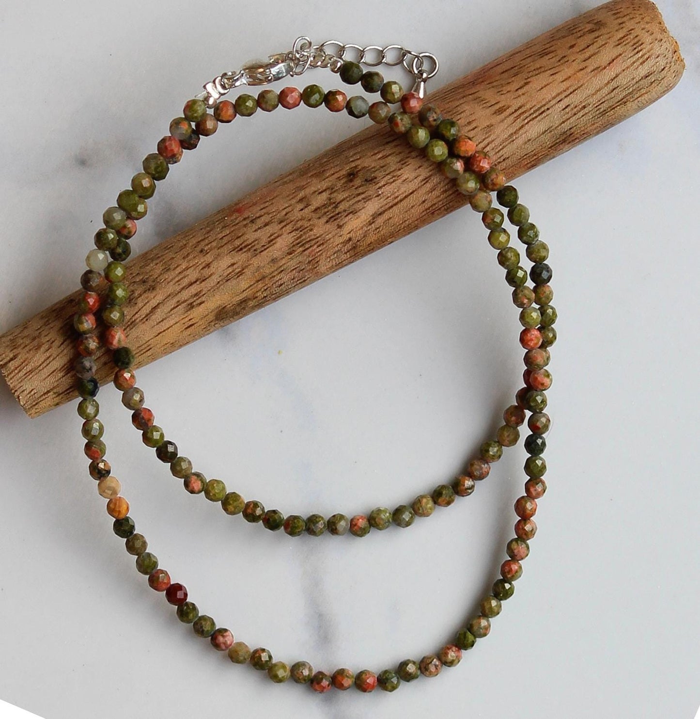 Genuine Unakite Beads Necklace / Handcrafted Adjustable Mala Necklace / 3 MM Round Micro Faceted Beaded Necklace Jewelry - AS & JG