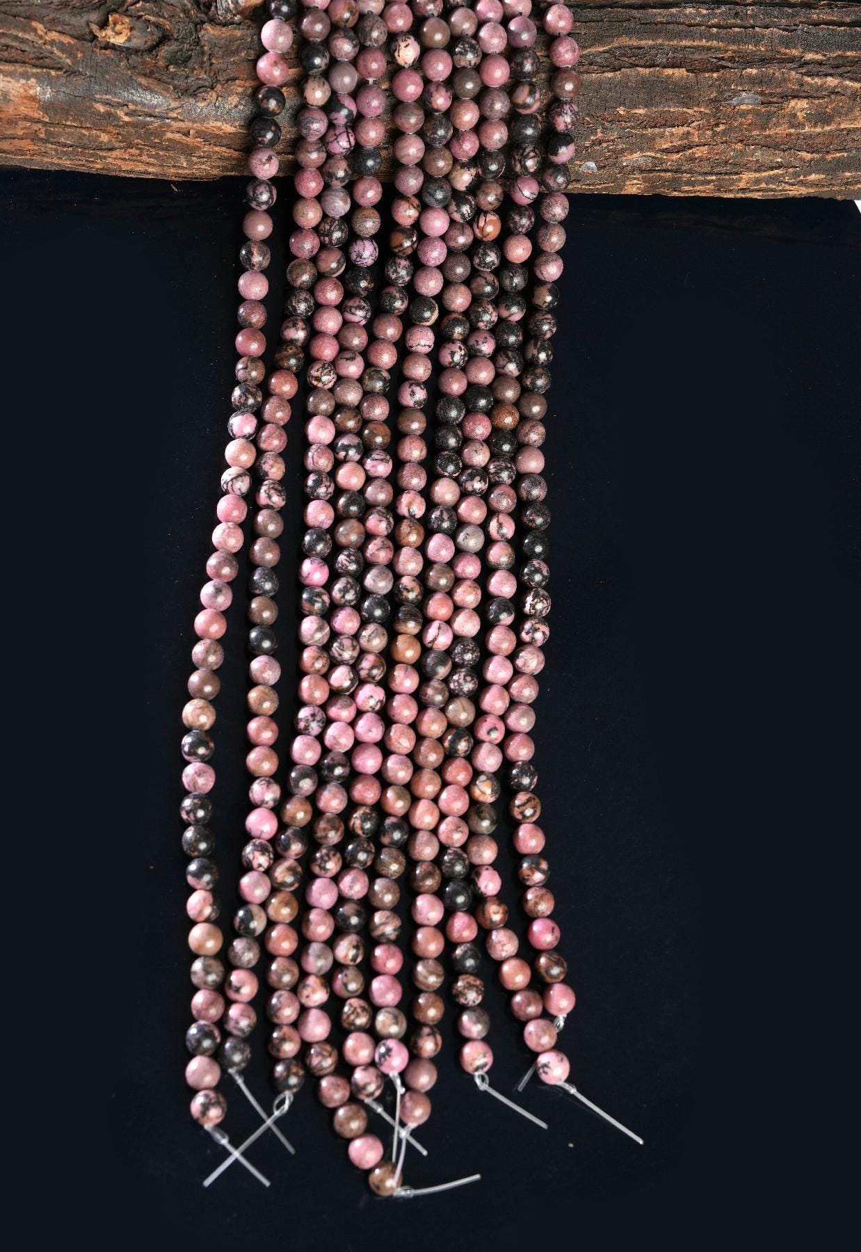Natural Black Matrix Rhodonite Gemstone Round Smooth Beads String 15.5 Inches Long 4/6/8/10 MM for Jewelry Making and Crafting - AS & JG