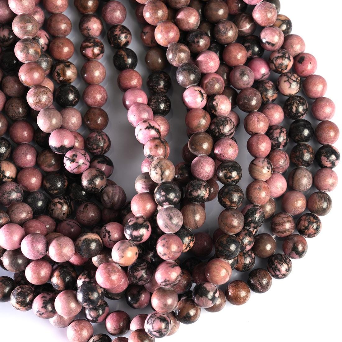 Natural Black Matrix Rhodonite Gemstone Round Smooth Beads String 15.5 Inches Long 4/6/8/10 MM for Jewelry Making and Crafting - AS & JG