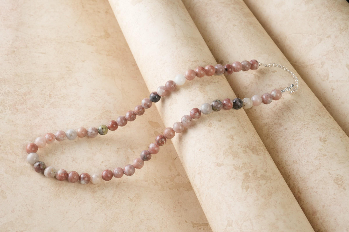 Genuine Cherry Flower Jasper Beads Necklace / Handcrafted Adjustable Mala Necklace / 8 MM Round Smooth Beaded Necklace Jewelry For Her-AS&JG