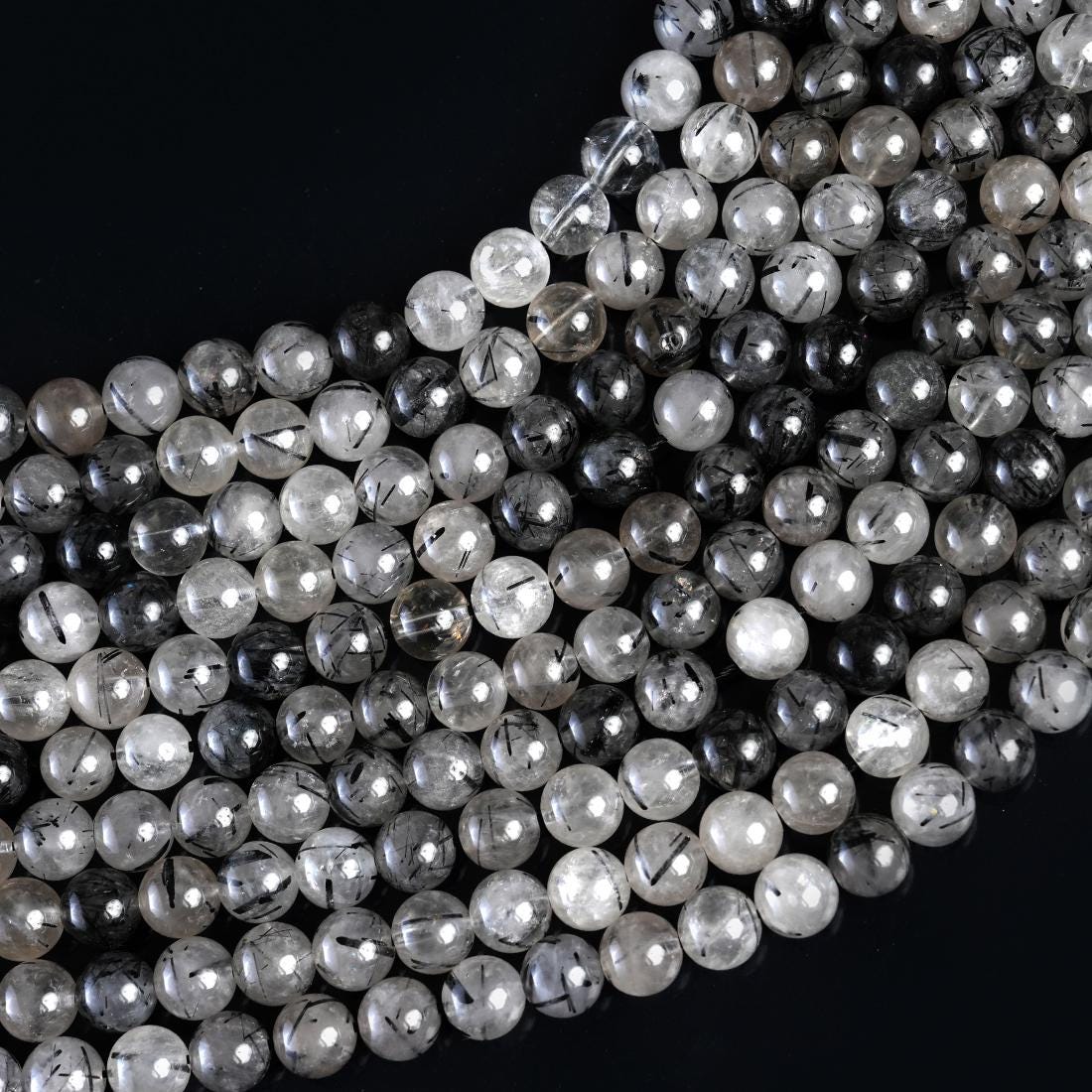 Natural Black Rutile Quartz Gemstone Round Smooth Beads String 15.5 Inches Long 4/6/8/10 MM for Jewelry Making and Crafting - AS & JG