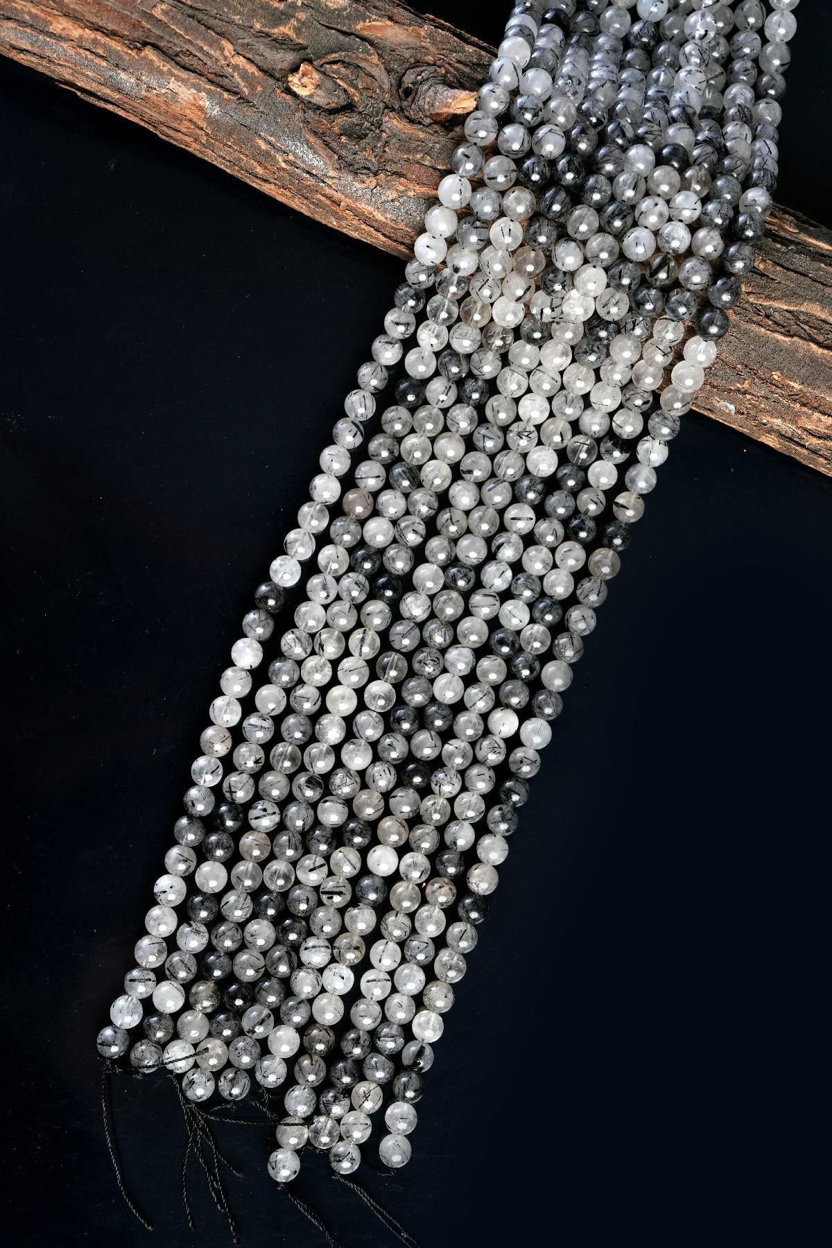 Natural Black Rutile Quartz Gemstone Round Smooth Beads String 15.5 Inches Long 4/6/8/10 MM for Jewelry Making and Crafting - AS & JG