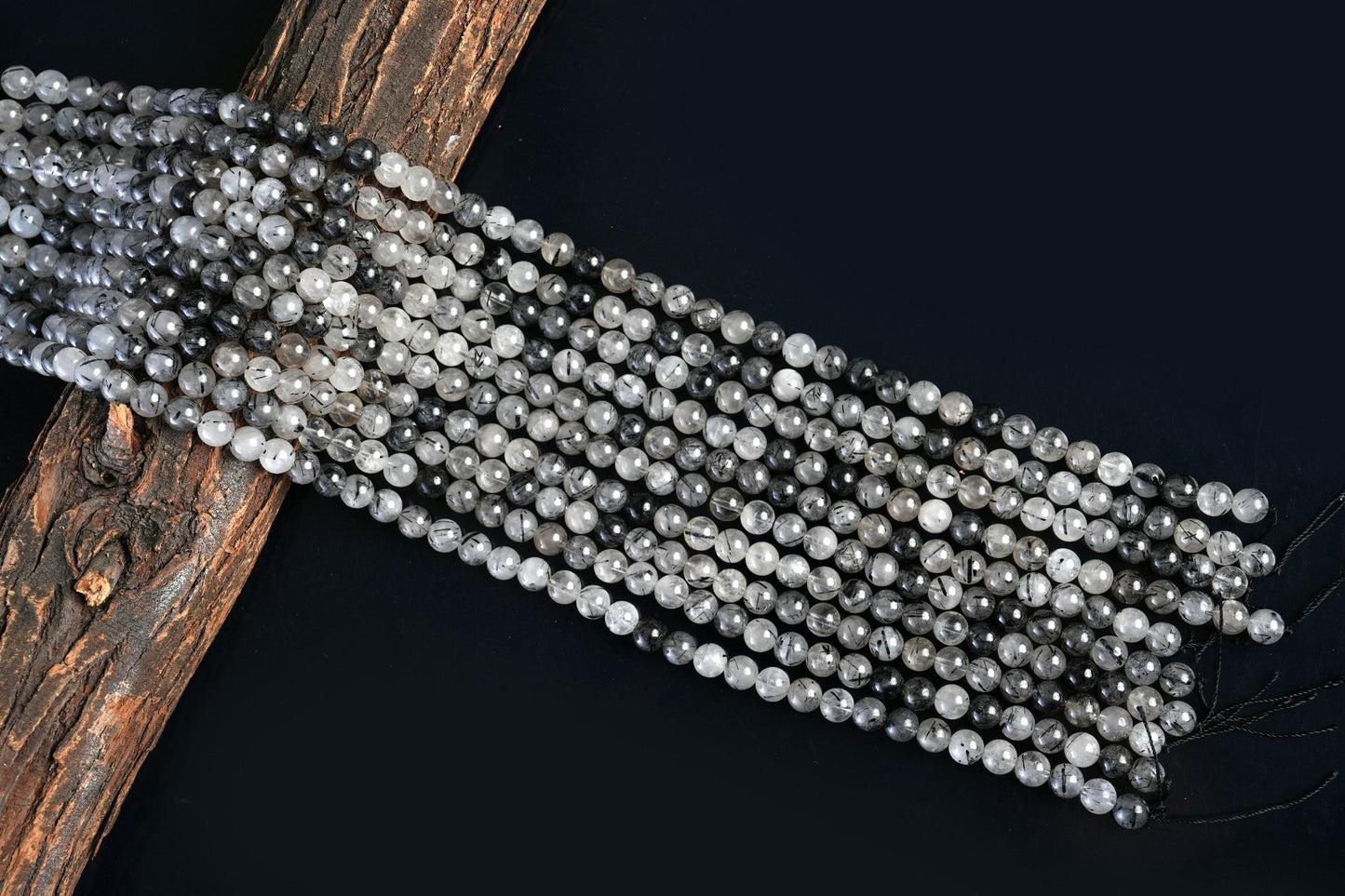 Natural Black Rutile Quartz Gemstone Round Smooth Beads String 15.5 Inches Long 4/6/8/10 MM for Jewelry Making and Crafting - AS & JG