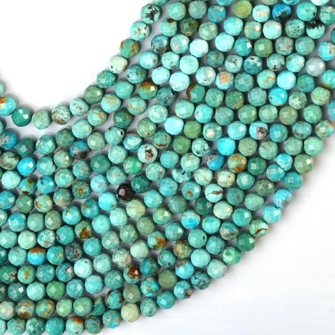 Natural Turquoise Gemstone Round Micro Faceted Beads String 15.5 Inches Long 2/3/4/6 MM for Jewelry Making and Crafting - AS & JG