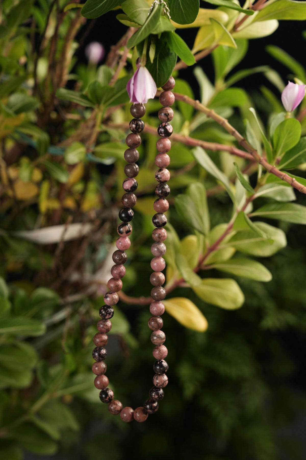 Black Matrix Rhodonite Beads Necklace / Handcrafted Adjustable Mala Necklace / 8 MM Round Smooth Beaded Necklace Jewelry For Her - AS & JG