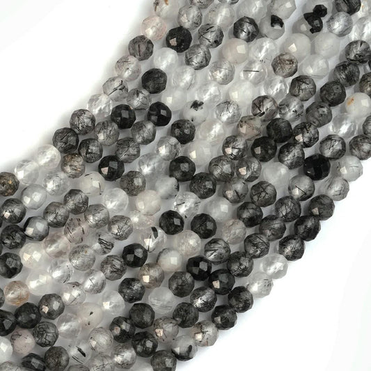 Natural Black Rutile Quartz Gemstone Round Micro Faceted Beads String 15.5 Inches Long 2/3/4/6 MM for Jewelry Making and Crafting - AS & JG