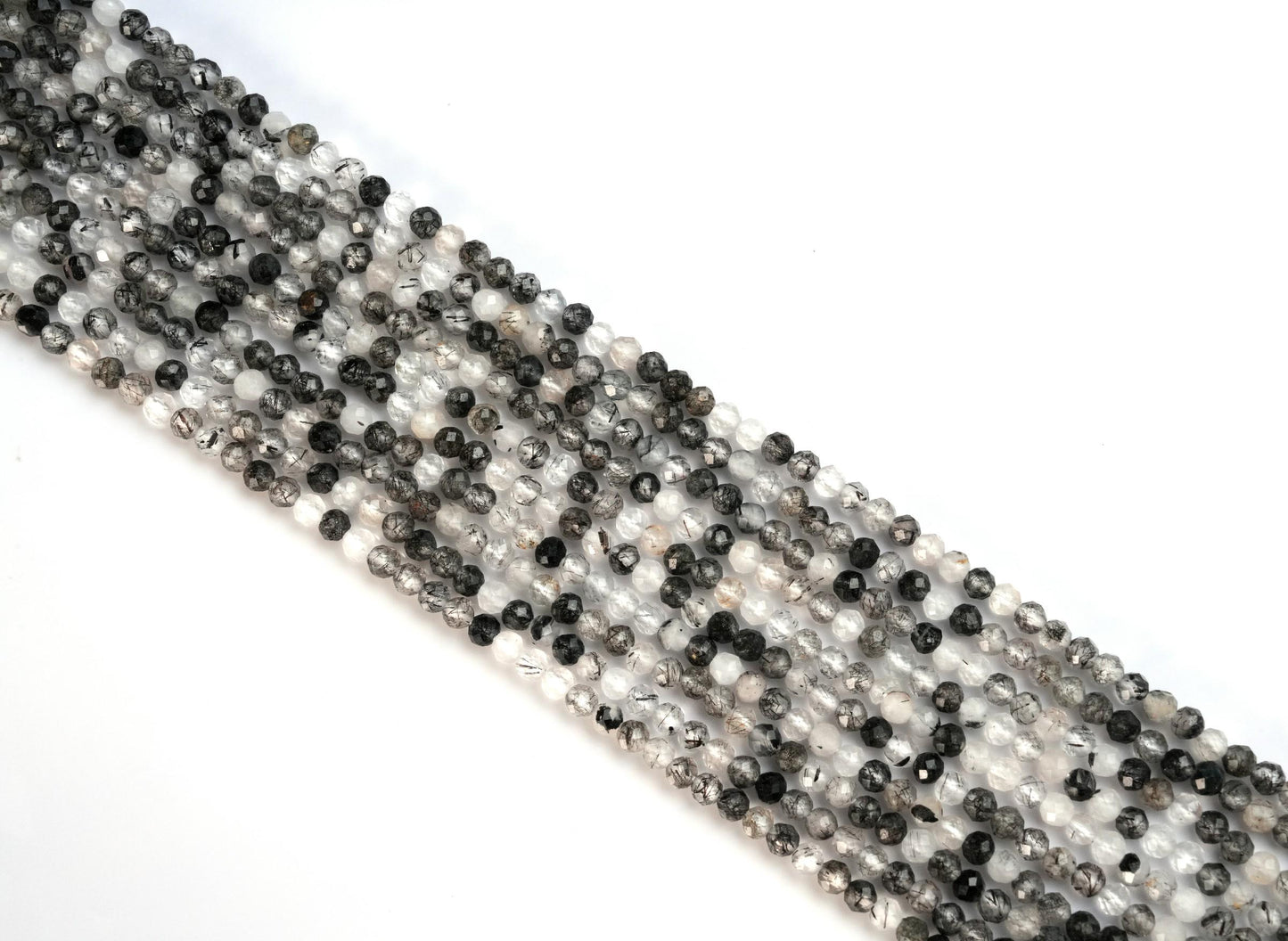 Natural Black Rutile Quartz Gemstone Round Micro Faceted Beads String 15.5 Inches Long 2/3/4/6 MM for Jewelry Making and Crafting - AS & JG