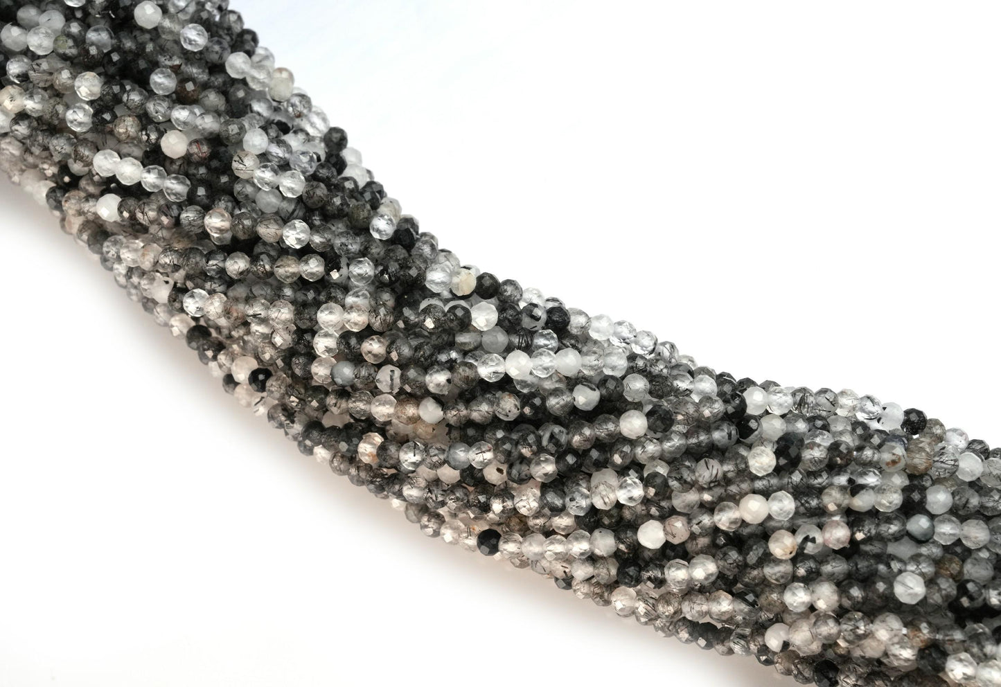Natural Black Rutile Quartz Gemstone Round Micro Faceted Beads String 15.5 Inches Long 2/3/4/6 MM for Jewelry Making and Crafting - AS & JG