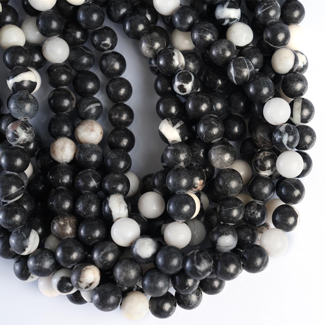 Natural Black Zebra Jasper Gemstone Round Smooth Beads String 15.5 Inches Long 4/6/8/10 MM for Jewelry Making and Crafting - AS & JG
