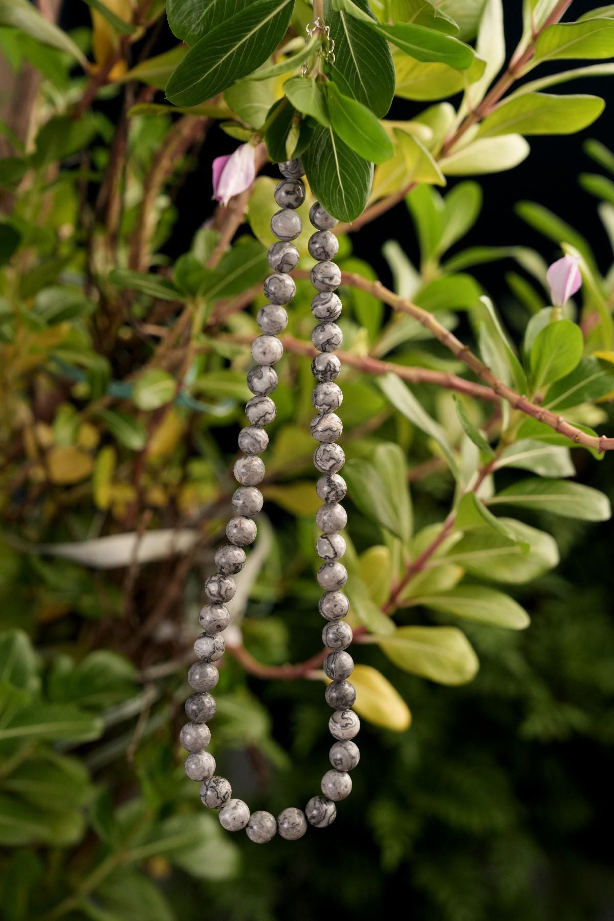 Genuine Grey Map Jasper Beads Necklace / Handcrafted Adjustable Mala Necklace / 8 MM Round Smooth Beaded Necklace Jewelry For Her - AS & JG
