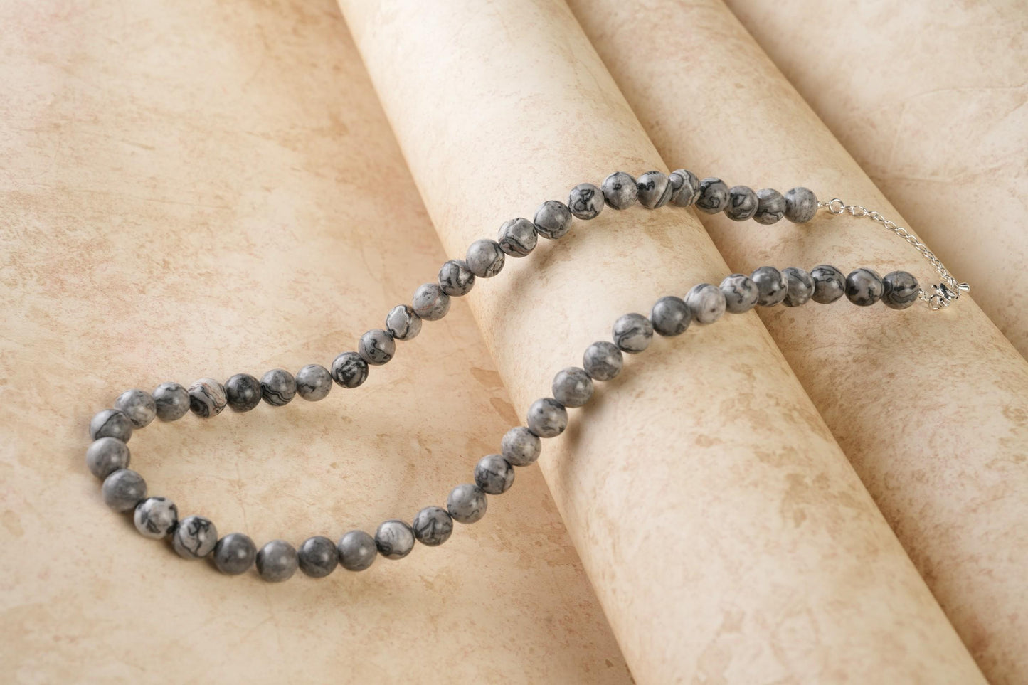 Genuine Grey Map Jasper Beads Necklace / Handcrafted Adjustable Mala Necklace / 8 MM Round Smooth Beaded Necklace Jewelry For Her - AS & JG