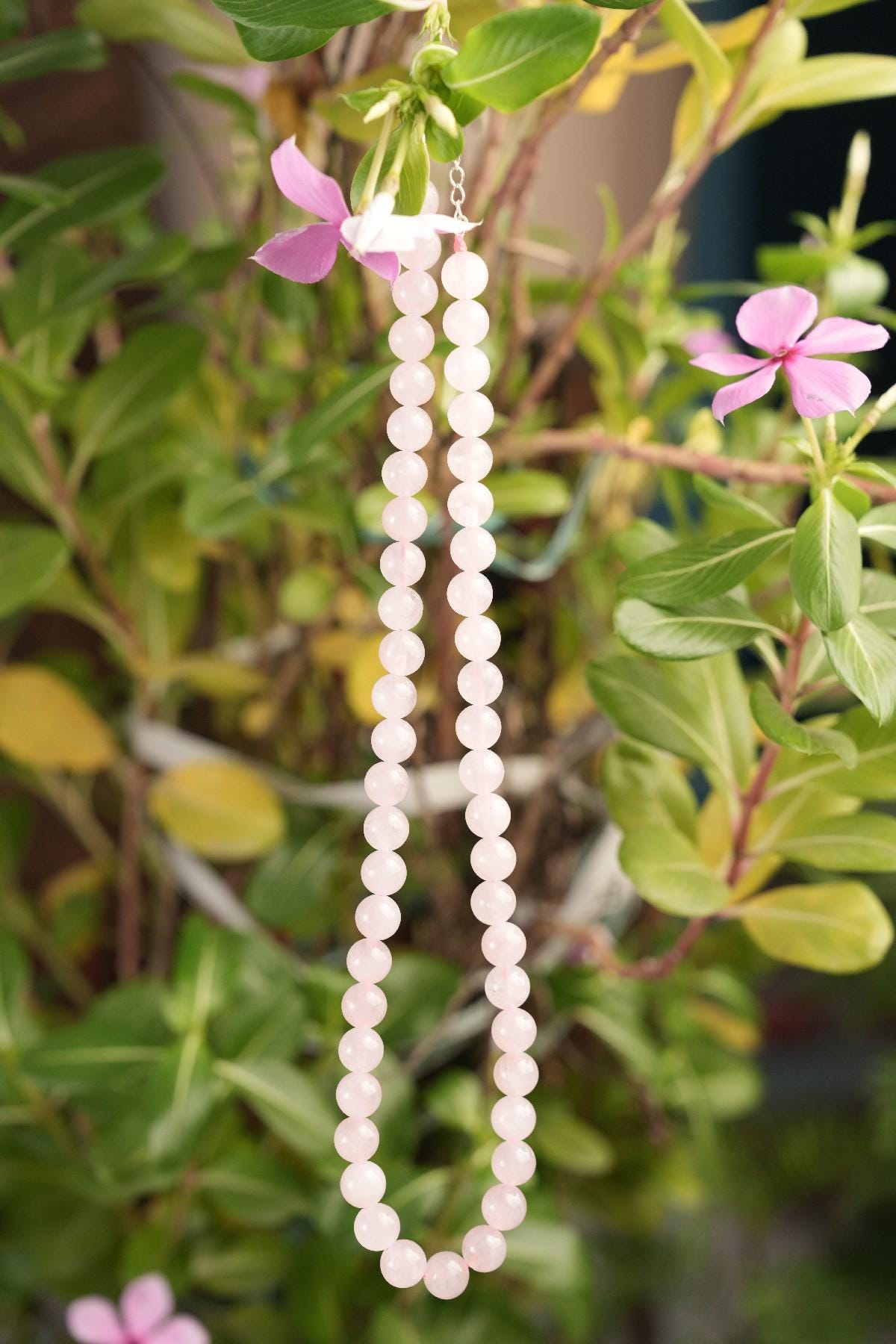 Genuine Rose Quartz Beads Necklace / Handcrafted Adjustable Mala Necklace / 8 MM Round Smooth Beaded Necklace Jewelry For Her - AS & JG