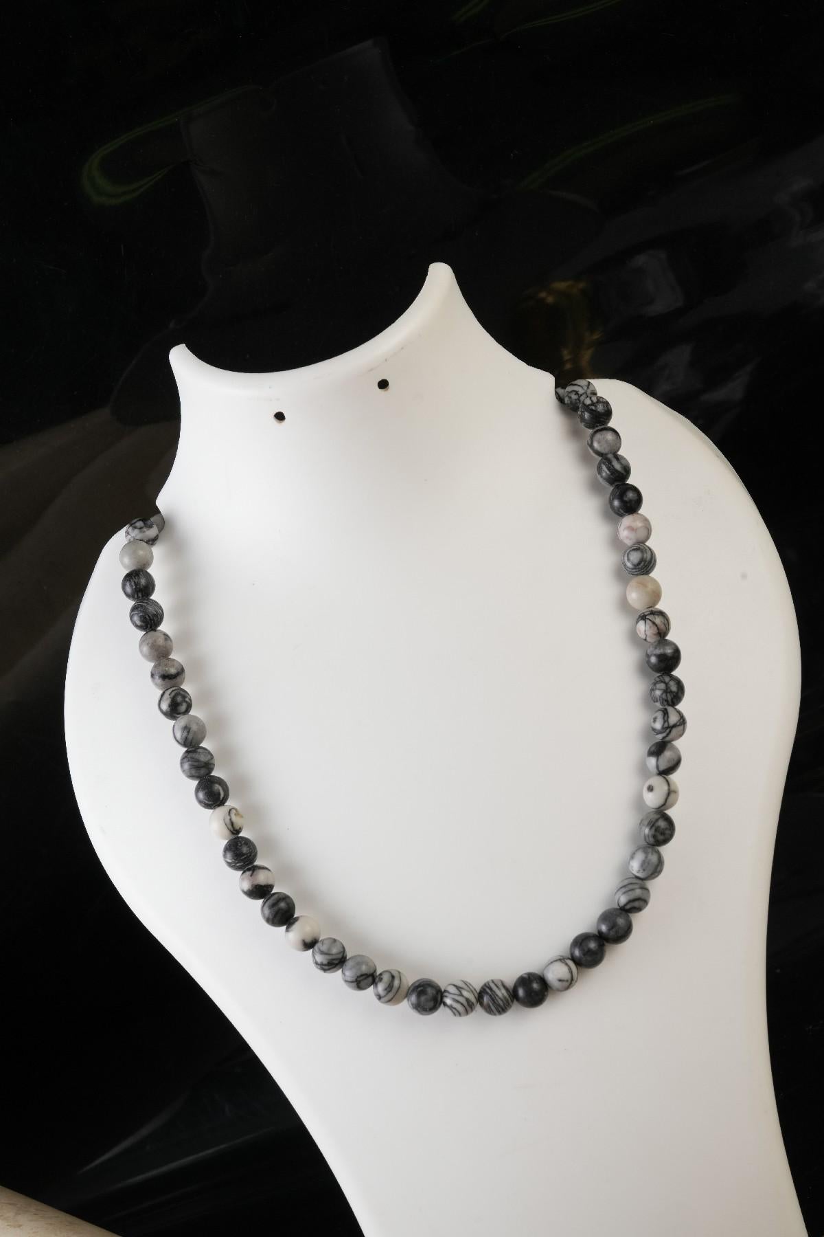 Genuine Black Spider Jasper Beads Necklace / Handcrafted Adjustable Mala Necklace / 8 MM Round Smooth Beaded Necklace Jewelry For Her -AS&JG