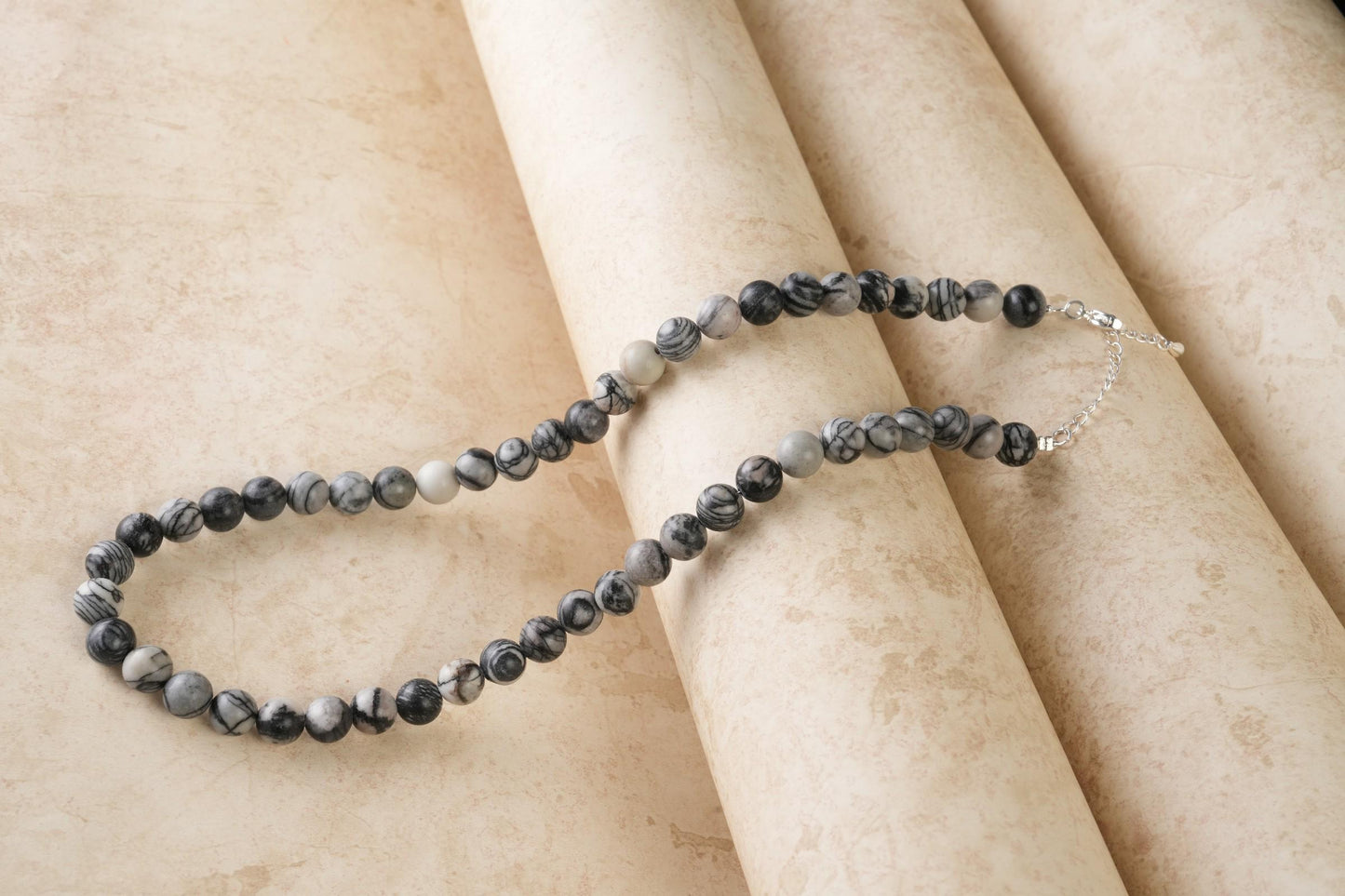 Genuine Black Spider Jasper Beads Necklace / Handcrafted Adjustable Mala Necklace / 8 MM Round Smooth Beaded Necklace Jewelry For Her -AS&JG