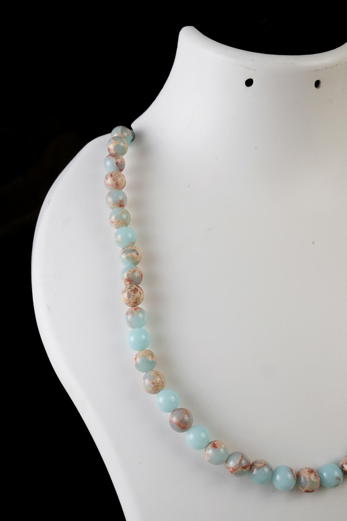 Genuine Aqua Terra Jasper Beads Necklace / Handcrafted Adjustable Mala Necklace / 8 MM Round Smooth Beaded Necklace Jewelry For Her- AS & JG