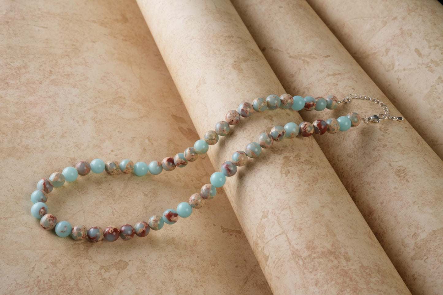 Genuine Aqua Terra Jasper Beads Necklace / Handcrafted Adjustable Mala Necklace / 8 MM Round Smooth Beaded Necklace Jewelry For Her- AS & JG