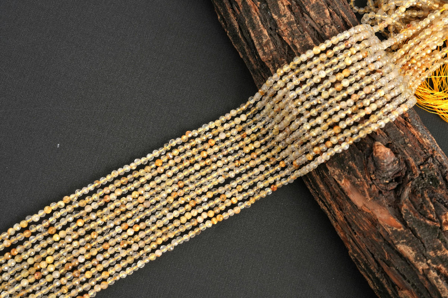 Natural Golden Rutile Quartz Gemstone Round Micro Faceted Beads String 15.5 Inches Long 2/3/4/6 MM for Jewelry Making and Crafting - AS & JG