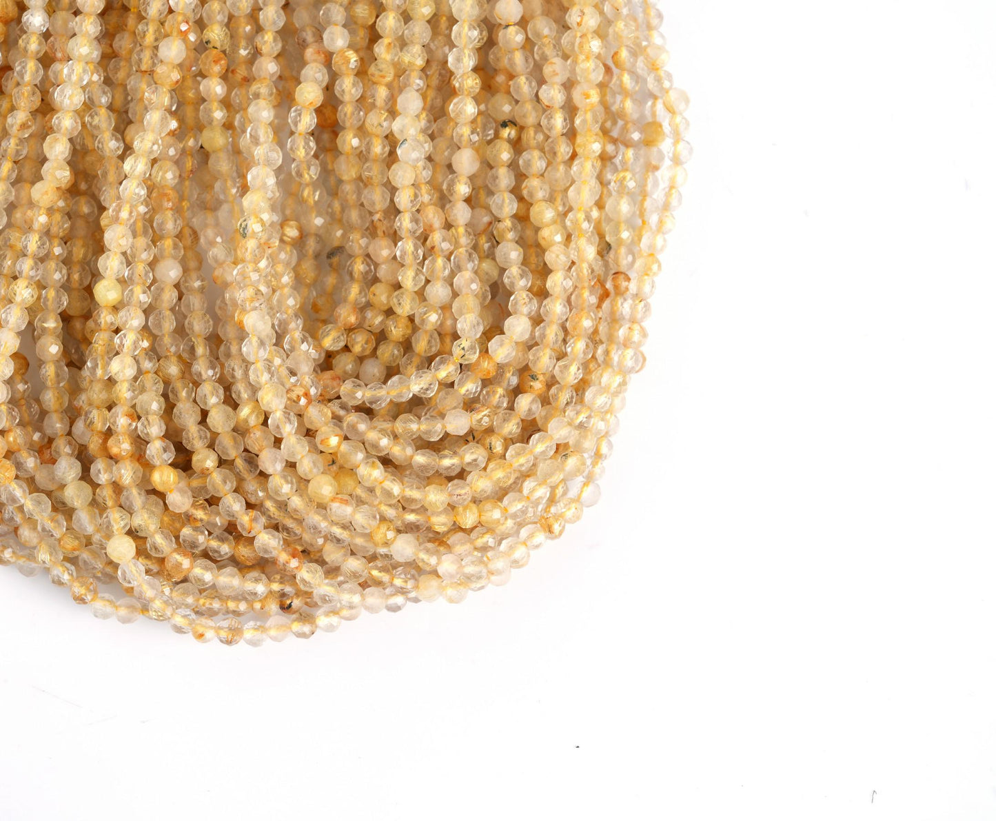 Natural Golden Rutile Quartz Gemstone Round Micro Faceted Beads String 15.5 Inches Long 2/3/4/6 MM for Jewelry Making and Crafting - AS & JG