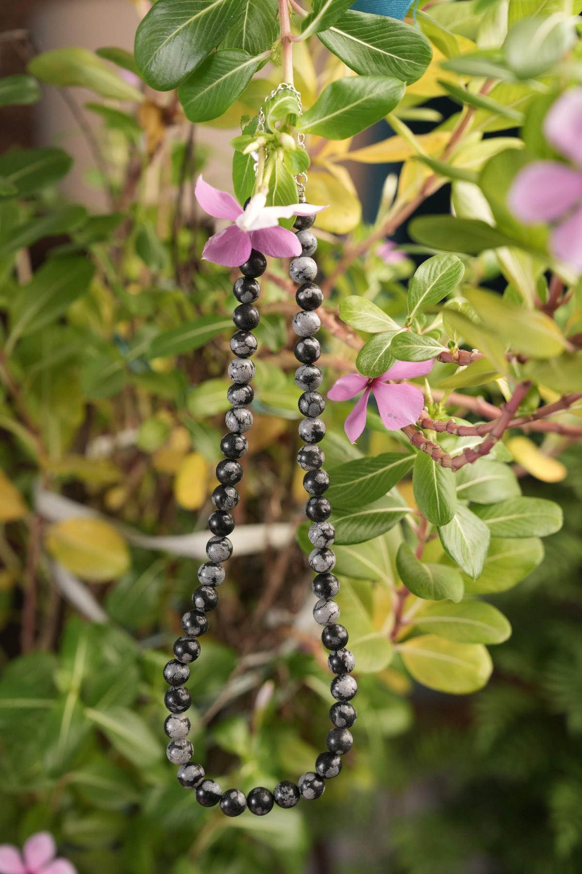 Genuine Snowflake Obsidian Beads Necklace / Handcrafted Adjustable Mala Necklace / 8 MM Round Smooth Beaded Necklace Jewelry For Her - AS&JG