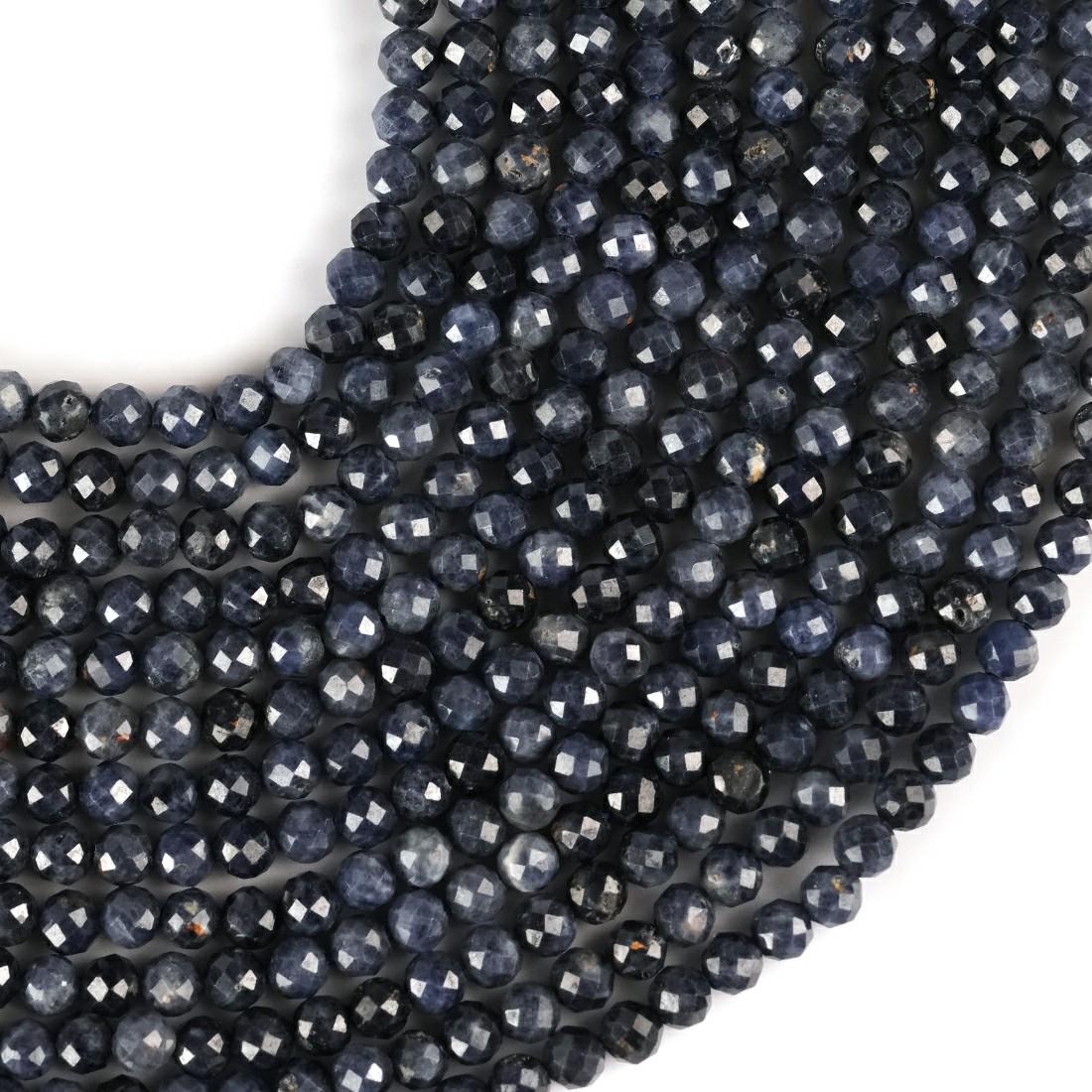 Natural Blue Sapphire Gemstone Round Micro Faceted Beads String 15.5 Inches Long 2/3/4/6 MM for Jewelry Making and Crafting - AS & JG