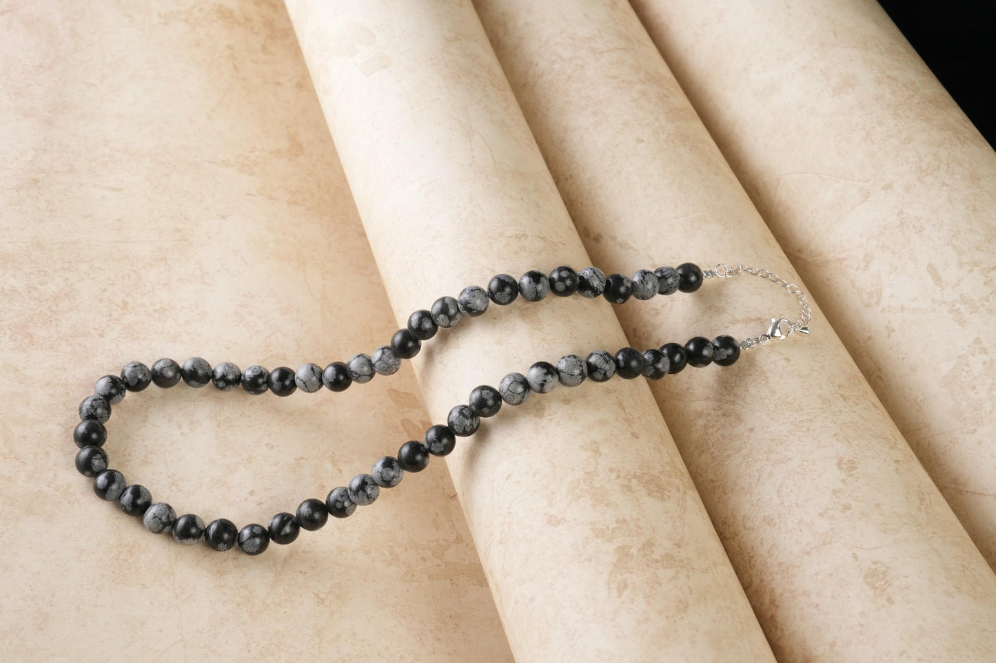Genuine Snowflake Obsidian Beads Necklace / Handcrafted Adjustable Mala Necklace / 8 MM Round Smooth Beaded Necklace Jewelry For Her - AS&JG