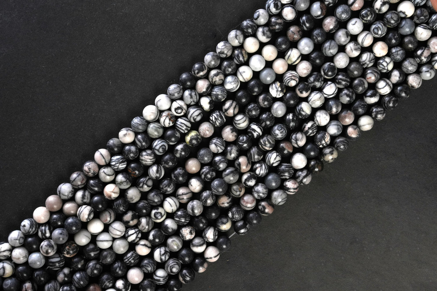 Natural Black Spider Web Jasper Gemstone Round Smooth Beads String 15.5 Inches Long 4/6/8/10 MM for Jewelry Making and Crafting - AS & JG