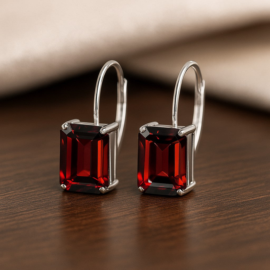 Emerald Cut Lever back Earrings | 925 Sterling Silver Birthstone Stud Earrings | Diamond Accent Gemstone Earrings | 15 Birthstone Options | Gift for Women
