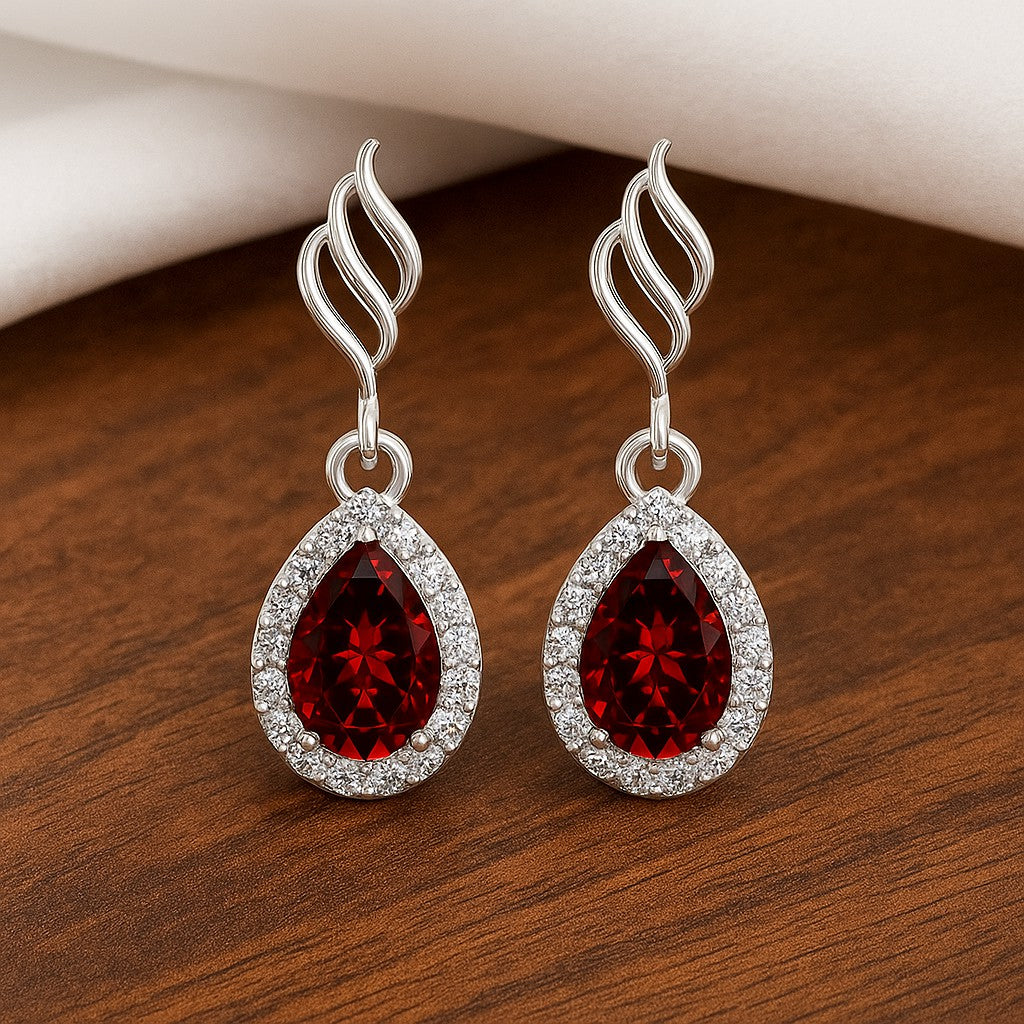 Flame (Floral Swirl) Hook | 925 Sterling Silver Birthstone Stud Earrings | Diamond Accent Gemstone Earrings | 15 Birthstone Options | Gift for Women