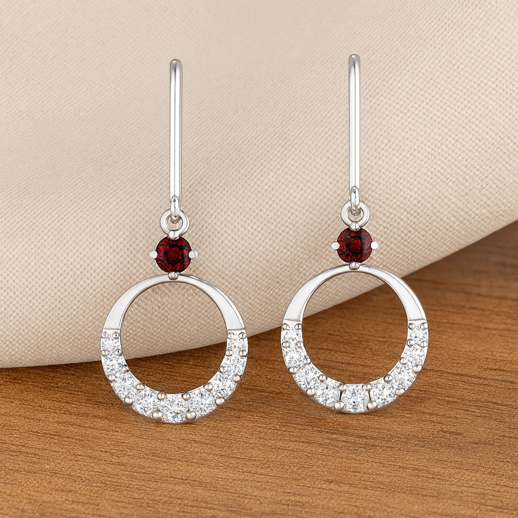Open Circle Lever back Drop Earrings | 925 Sterling Silver Birthstone Stud Earrings | Diamond Accent Gemstone Earrings | 15 Birthstone Options | Gift for Women