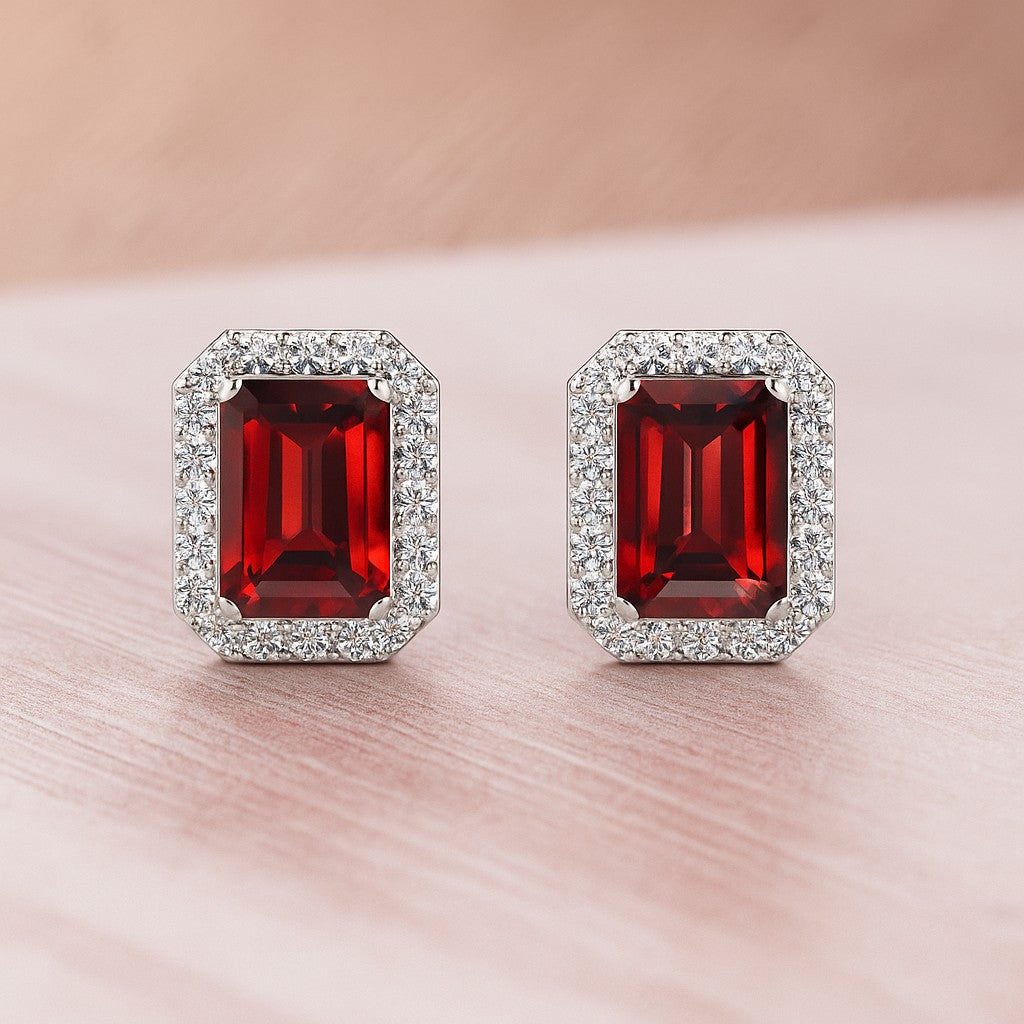 Emerald Cut Halo Stud Earrings | 925 Sterling Silver Birthstone Stud Earrings | Diamond Accent Gemstone Earrings | 15 Birthstone Options | Gift for Women