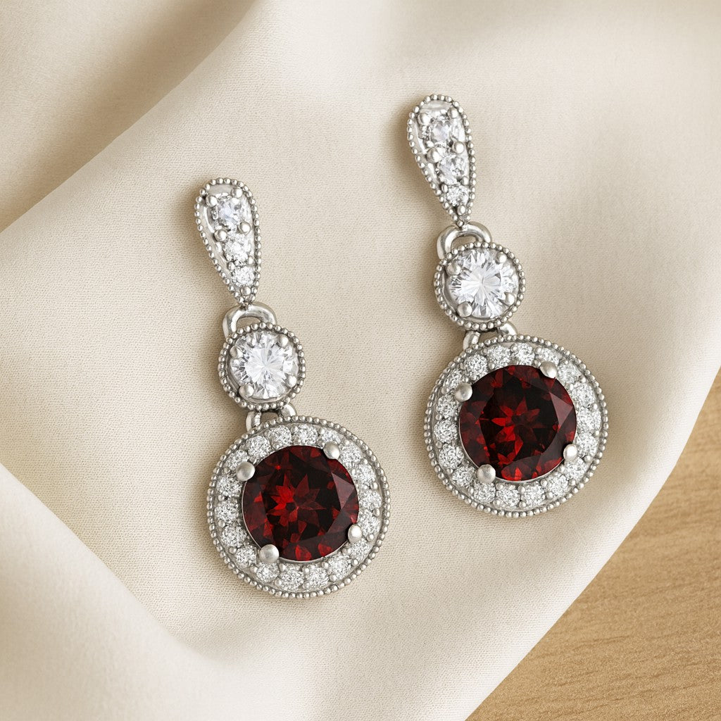 Three-Tier Halo Drop Earrings | 925 Sterling Silver Birthstone Stud Earrings | Diamond Accent Gemstone Earrings | 15 Birthstone Options | Gift for Women