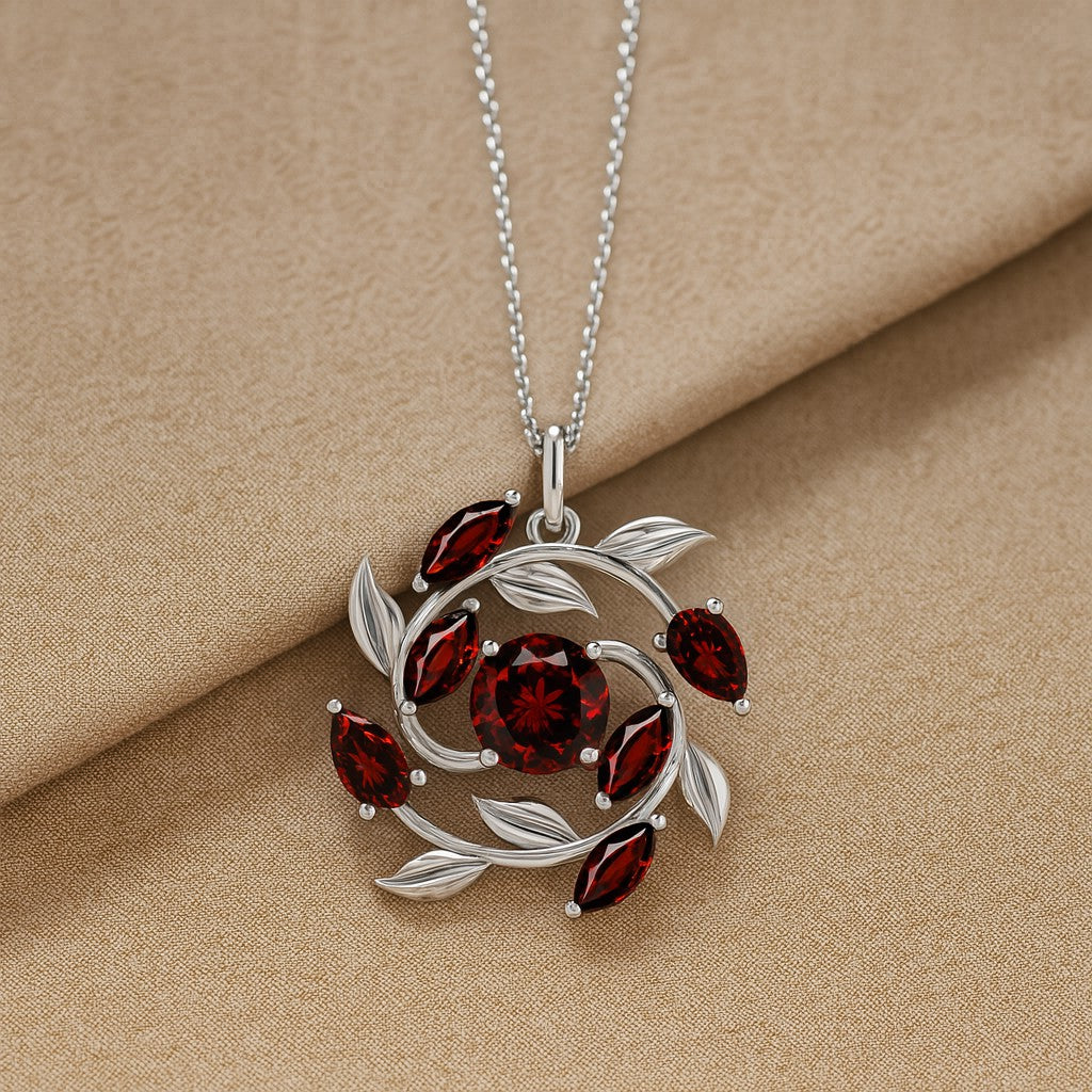 Floral Vine Style Gemstone Pendant | Sterling Silver Birthstone Necklace | Adjustable Chain | 15 Gemstone Choices | Personalized Gemstone Pendant