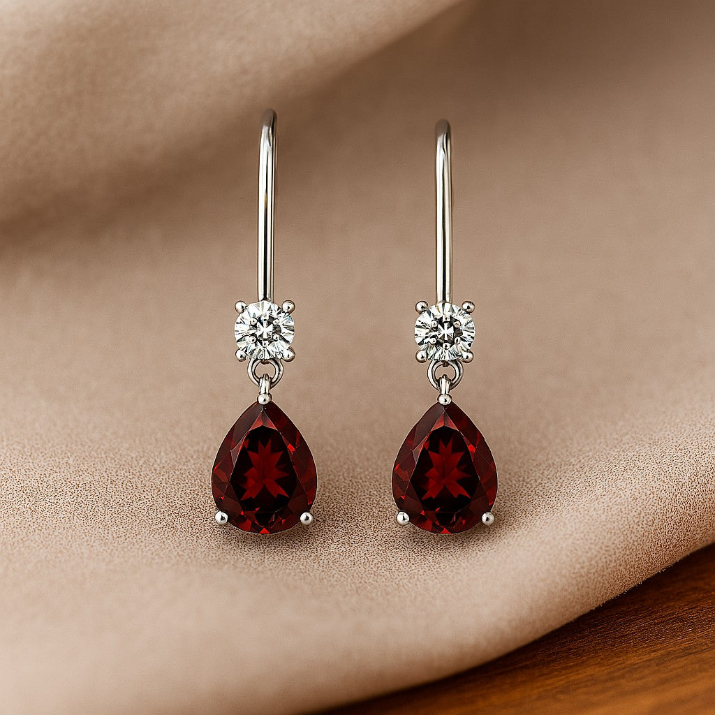 Pear Drop Lever back Earrings | 925 Sterling Silver Birthstone Stud Earrings | Diamond Accent Gemstone Earrings | 15 Birthstone Options | Gift for Women