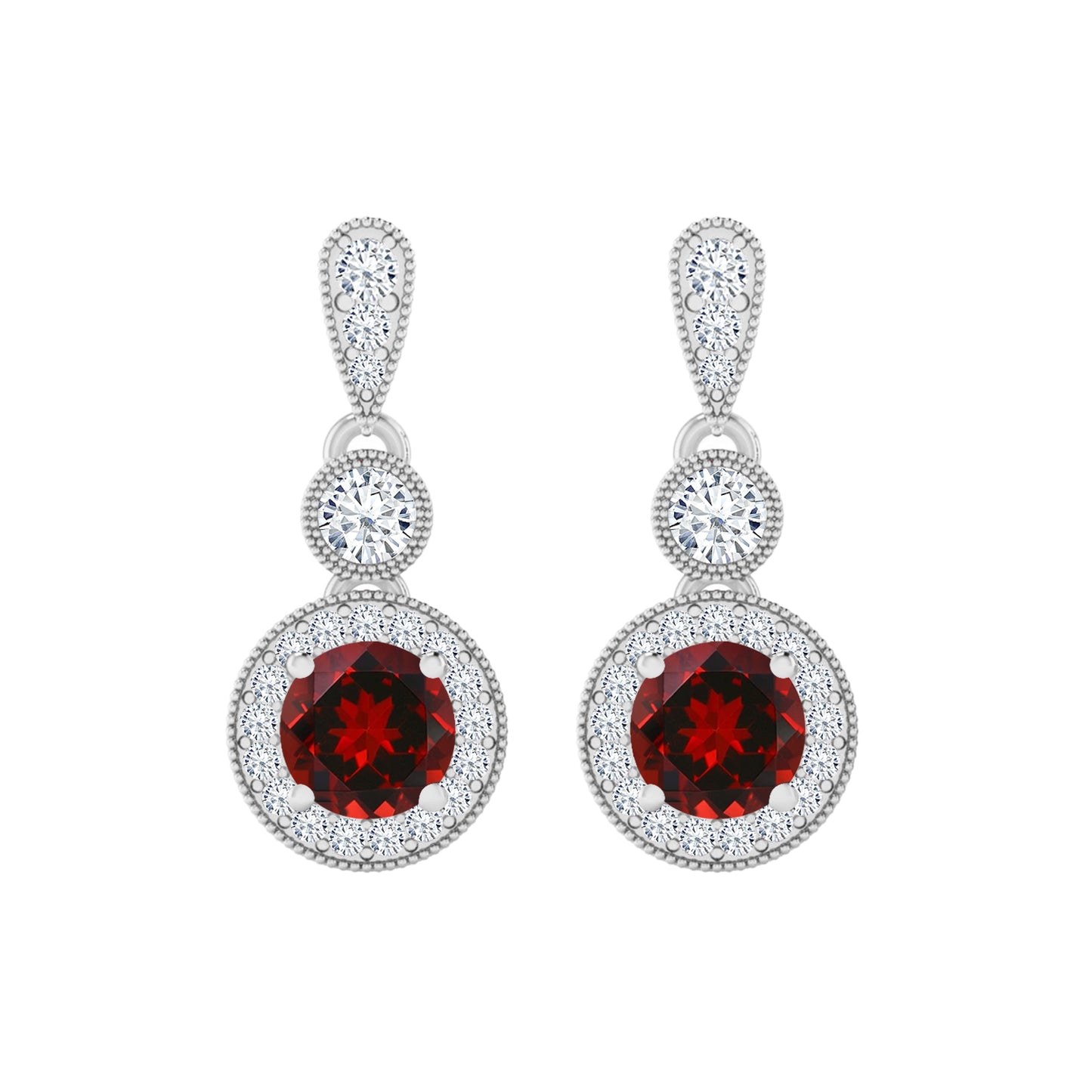 Three-Tier Halo Drop Earrings | 925 Sterling Silver Birthstone Stud Earrings | Diamond Accent Gemstone Earrings | 15 Birthstone Options | Gift for Women