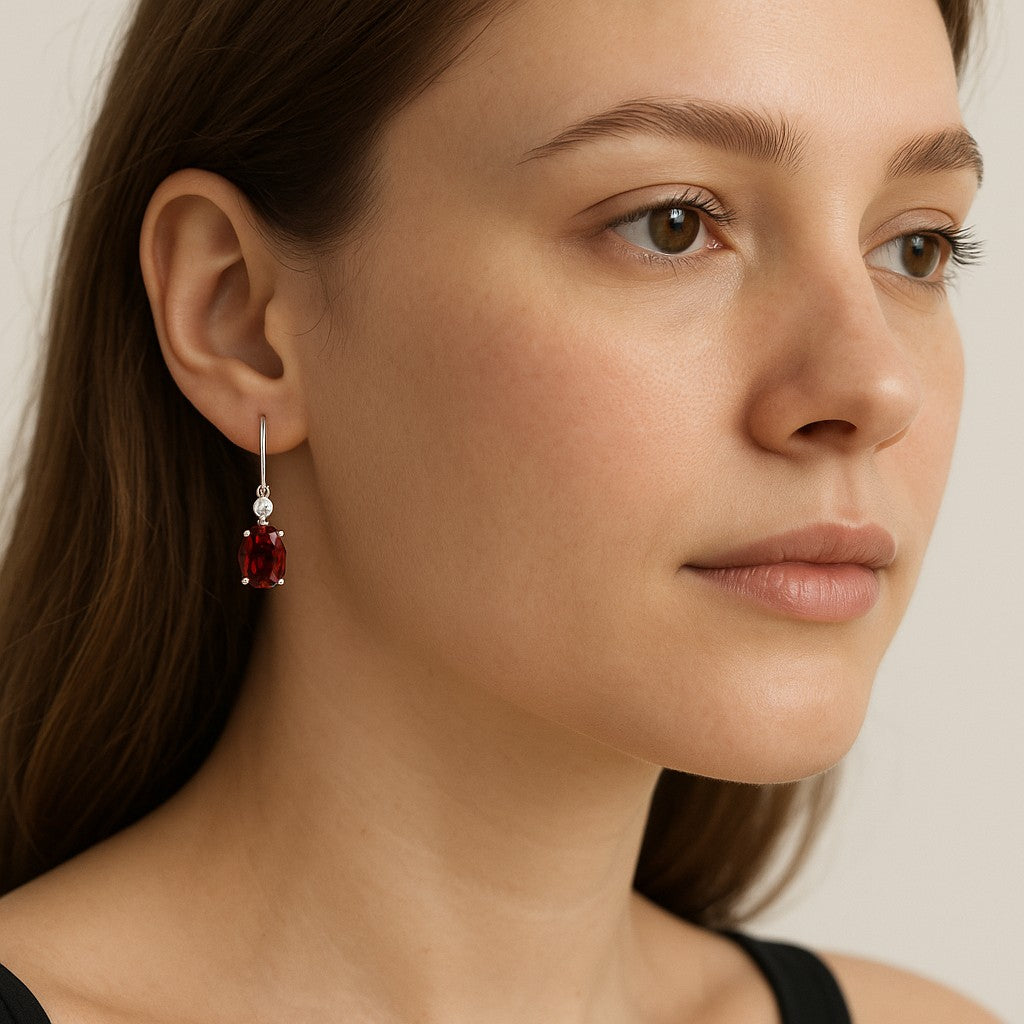French Hook Drop Earrings | 925 Sterling Silver Birthstone Stud Earrings | Diamond Accent Gemstone Earrings | 15 Birthstone Options | Gift for Women