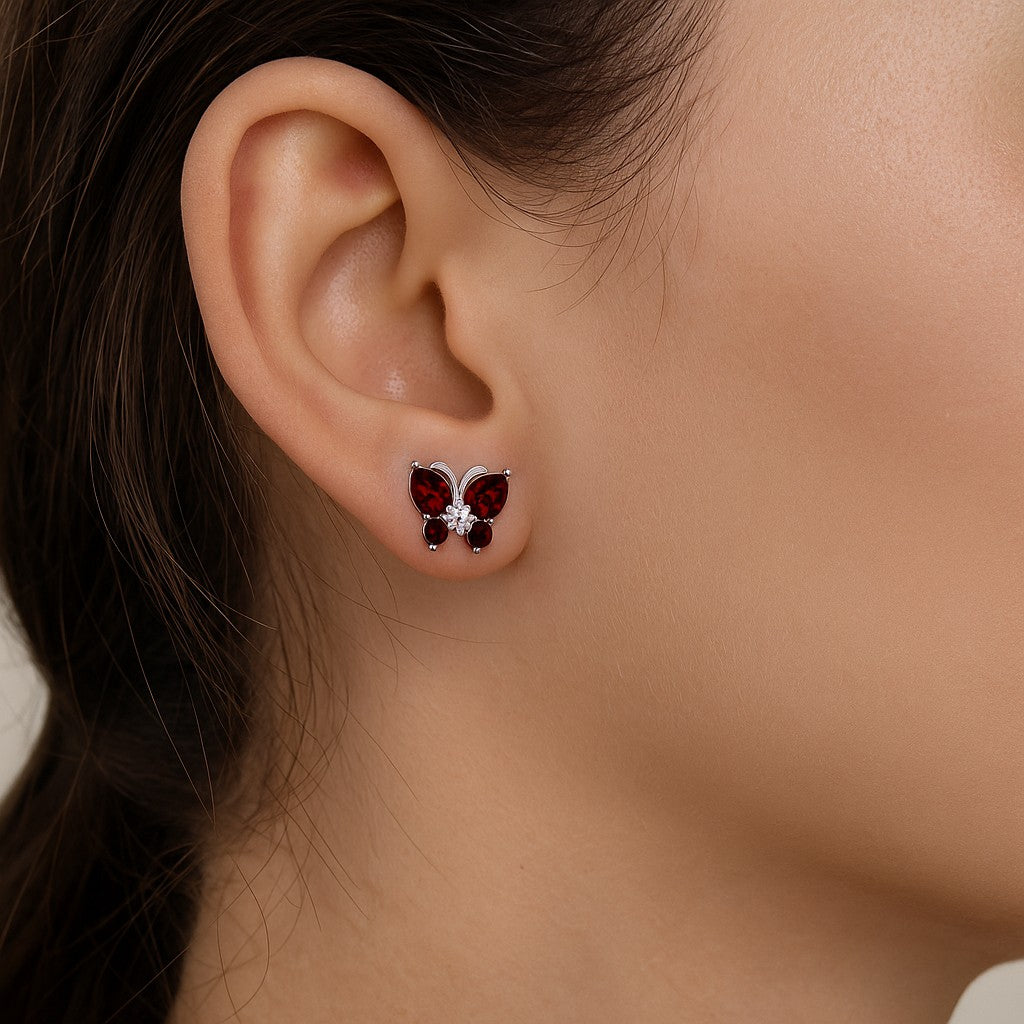 Butterfly Stud Earrings | 925 Sterling Silver Birthstone Stud Earrings | Diamond Accent Gemstone Earrings | 15 Birthstone Options | Gift for Women