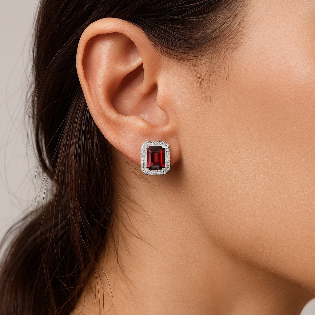Emerald Cut Halo Stud Earrings | 925 Sterling Silver Birthstone Stud Earrings | Diamond Accent Gemstone Earrings | 15 Birthstone Options | Gift for Women