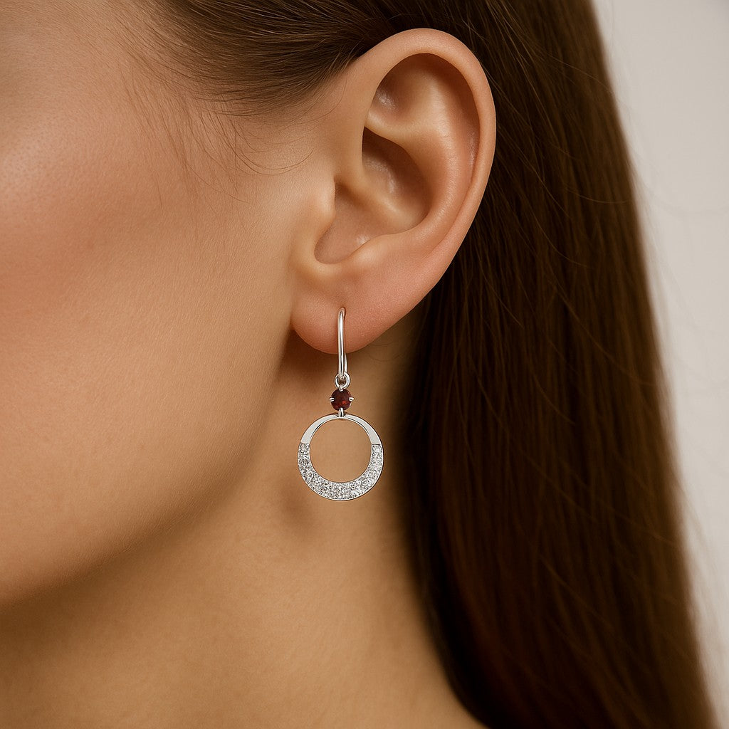 Open Circle Lever back Drop Earrings | 925 Sterling Silver Birthstone Stud Earrings | Diamond Accent Gemstone Earrings | 15 Birthstone Options | Gift for Women