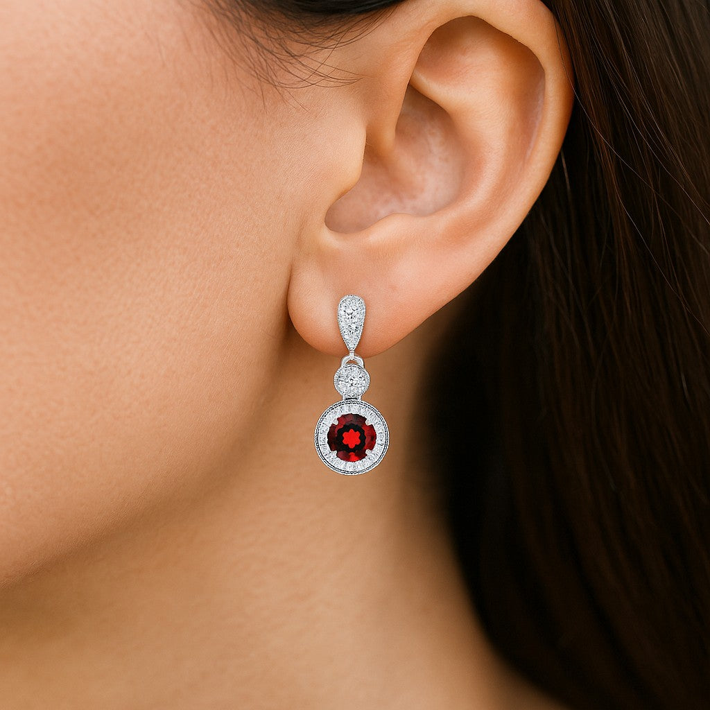Three-Tier Halo Drop Earrings | 925 Sterling Silver Birthstone Stud Earrings | Diamond Accent Gemstone Earrings | 15 Birthstone Options | Gift for Women