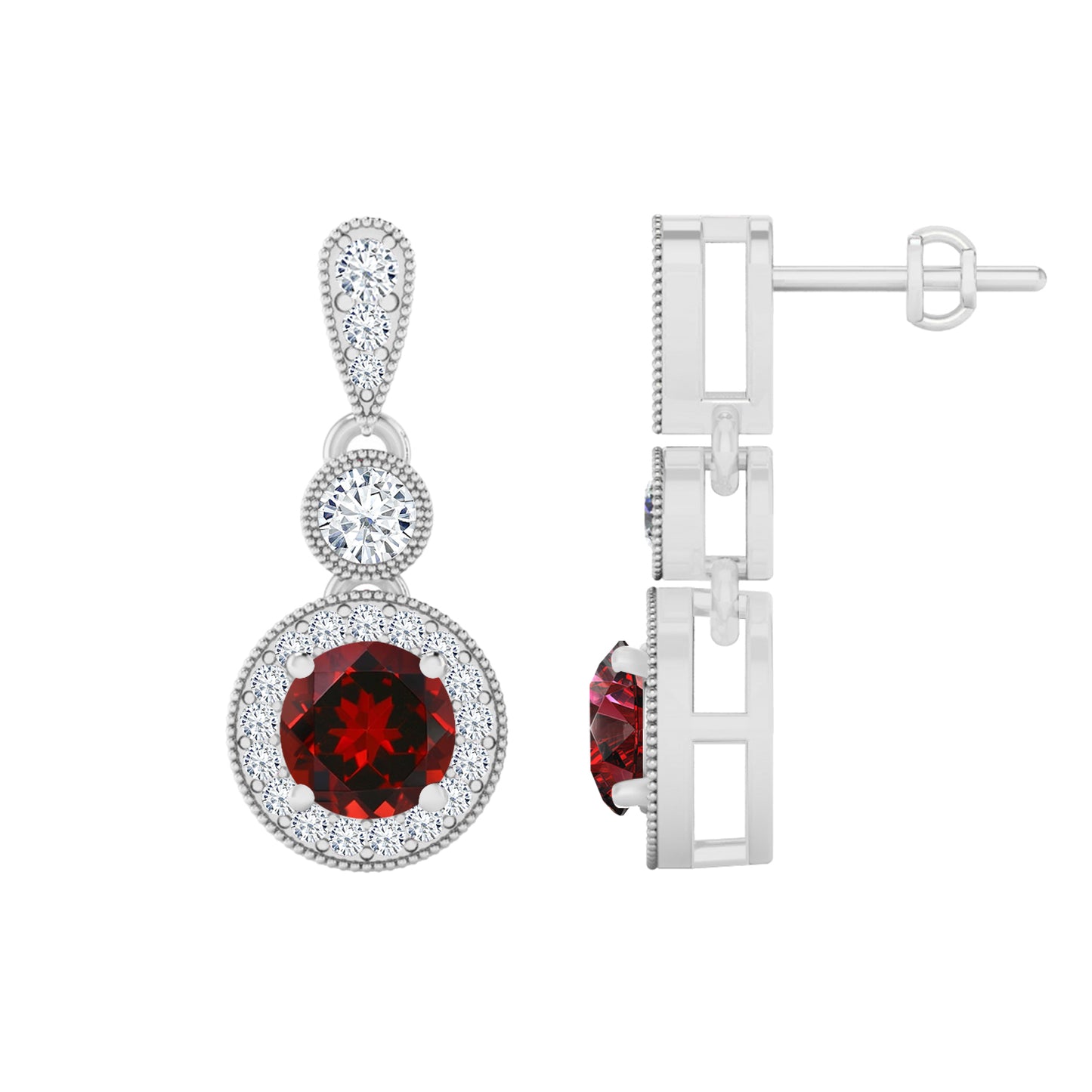 Three-Tier Halo Drop Earrings | 925 Sterling Silver Birthstone Stud Earrings | Diamond Accent Gemstone Earrings | 15 Birthstone Options | Gift for Women