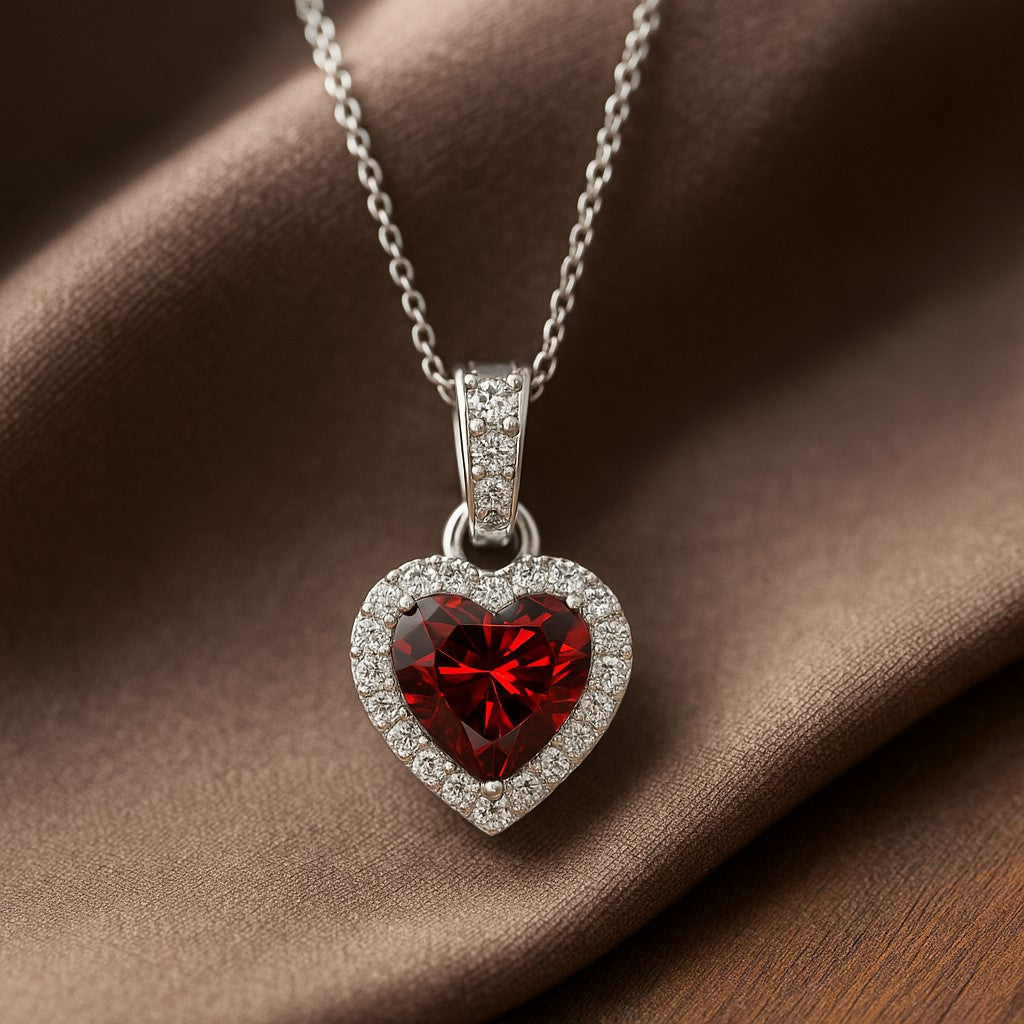 Heart Halo Pendant | Sterling Silver Birthstone Necklace | Diamond Accent | Adjustable Chain | 15 Gemstone Choices