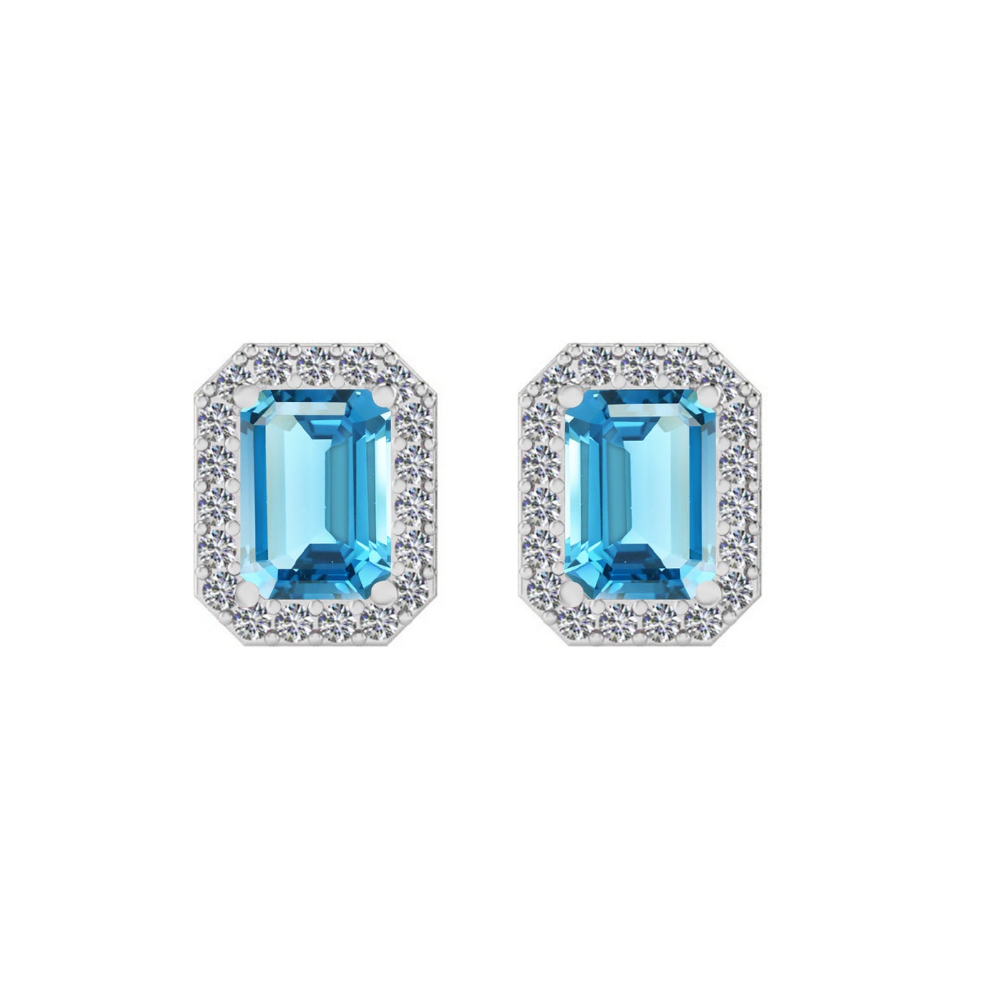 Emerald Cut Halo Stud Earrings | 925 Sterling Silver Birthstone Stud Earrings | Diamond Accent Gemstone Earrings | 15 Birthstone Options | Gift for Women