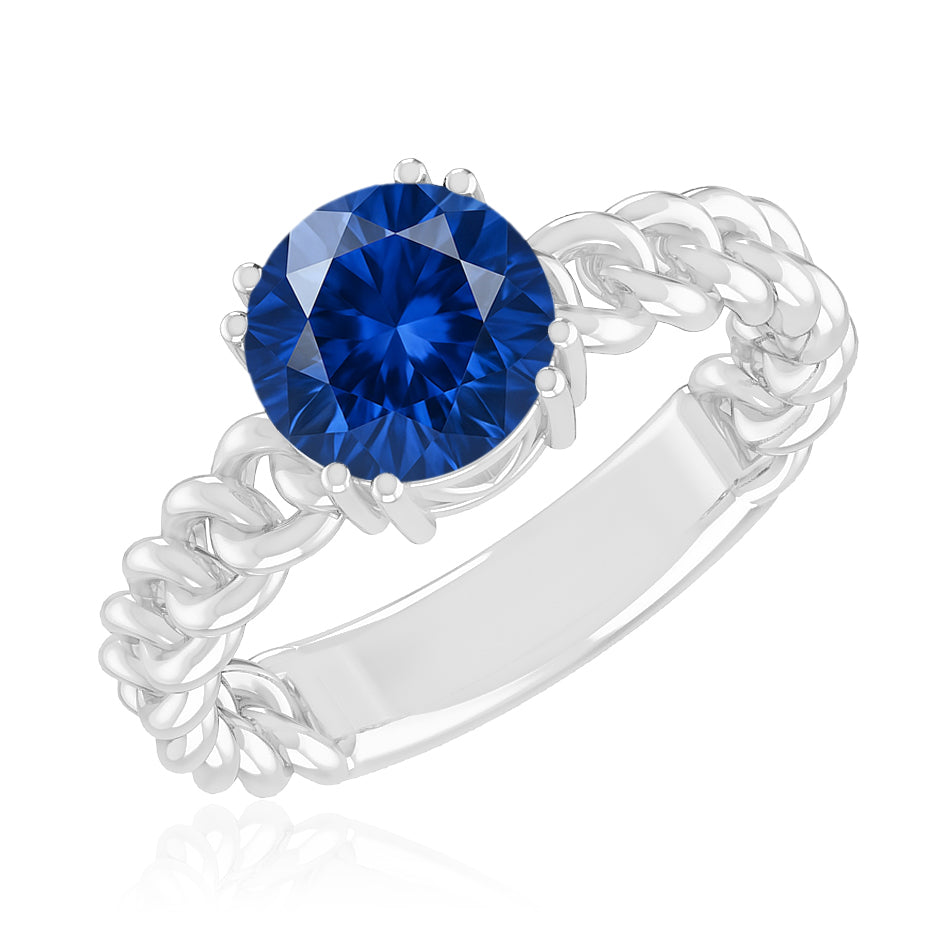 Chain Link Solitaire Ring | Sterling Silver Birthstone Ring | Genuine Gemstone & Diamond Studded Ring | Personalized Promise Ring | Gift for Her