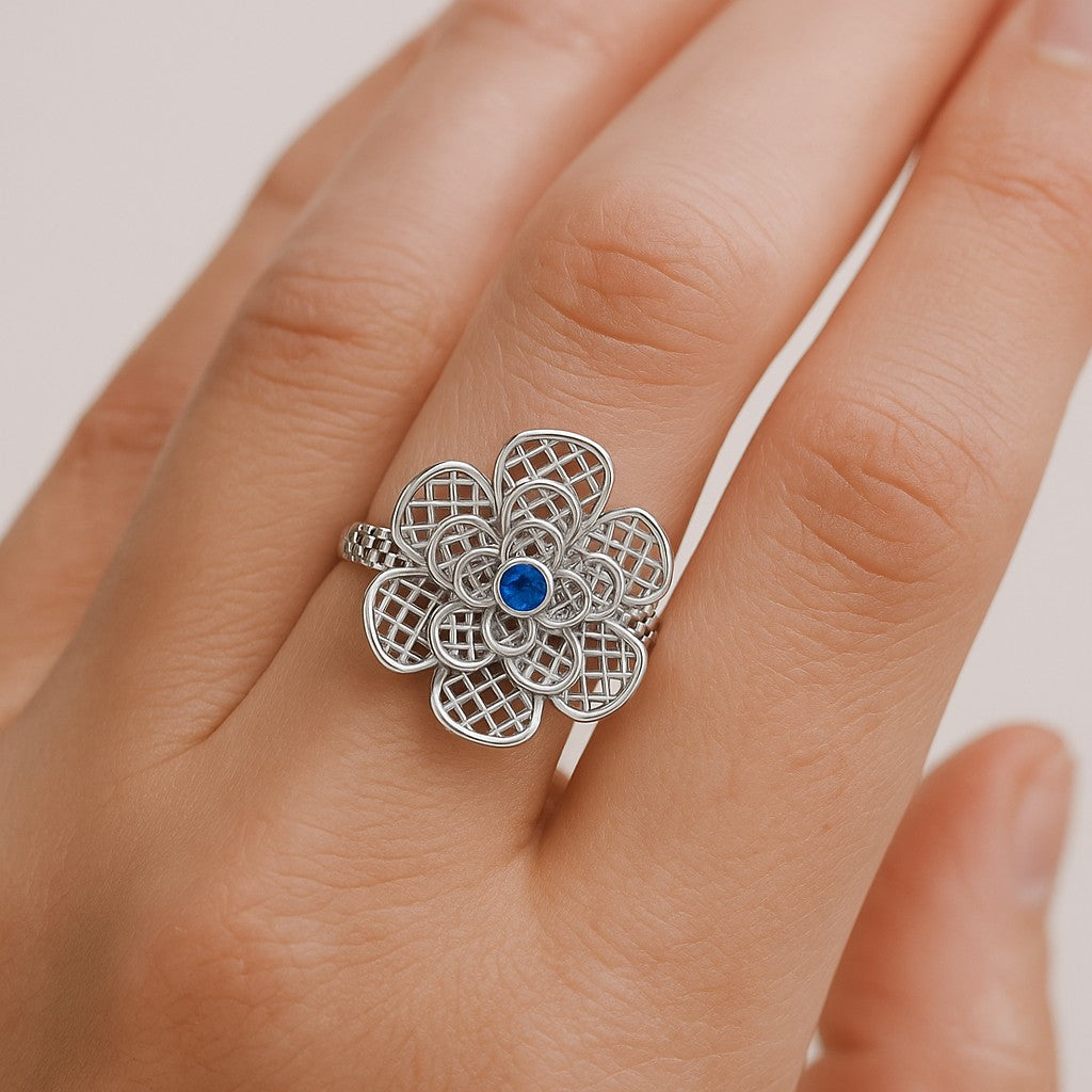 Floral Statement Ring | Sterling Silver Birthstone Ring | Genuine Gemstone & Diamond Studded Ring | Personalized Promise Ring | Gift for Her