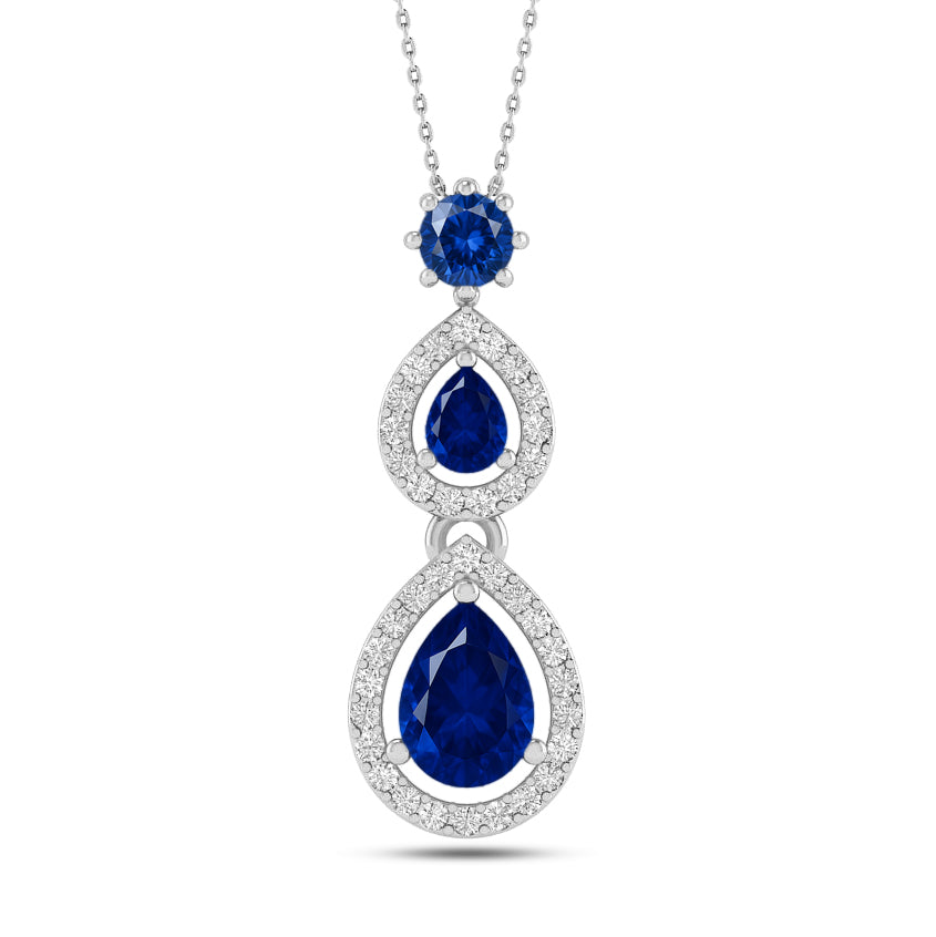 Double Pear Halo Drop Pendant | Sterling Silver Birthstone Necklace | Diamond Accent | Adjustable Chain | 15 Gemstone Choices