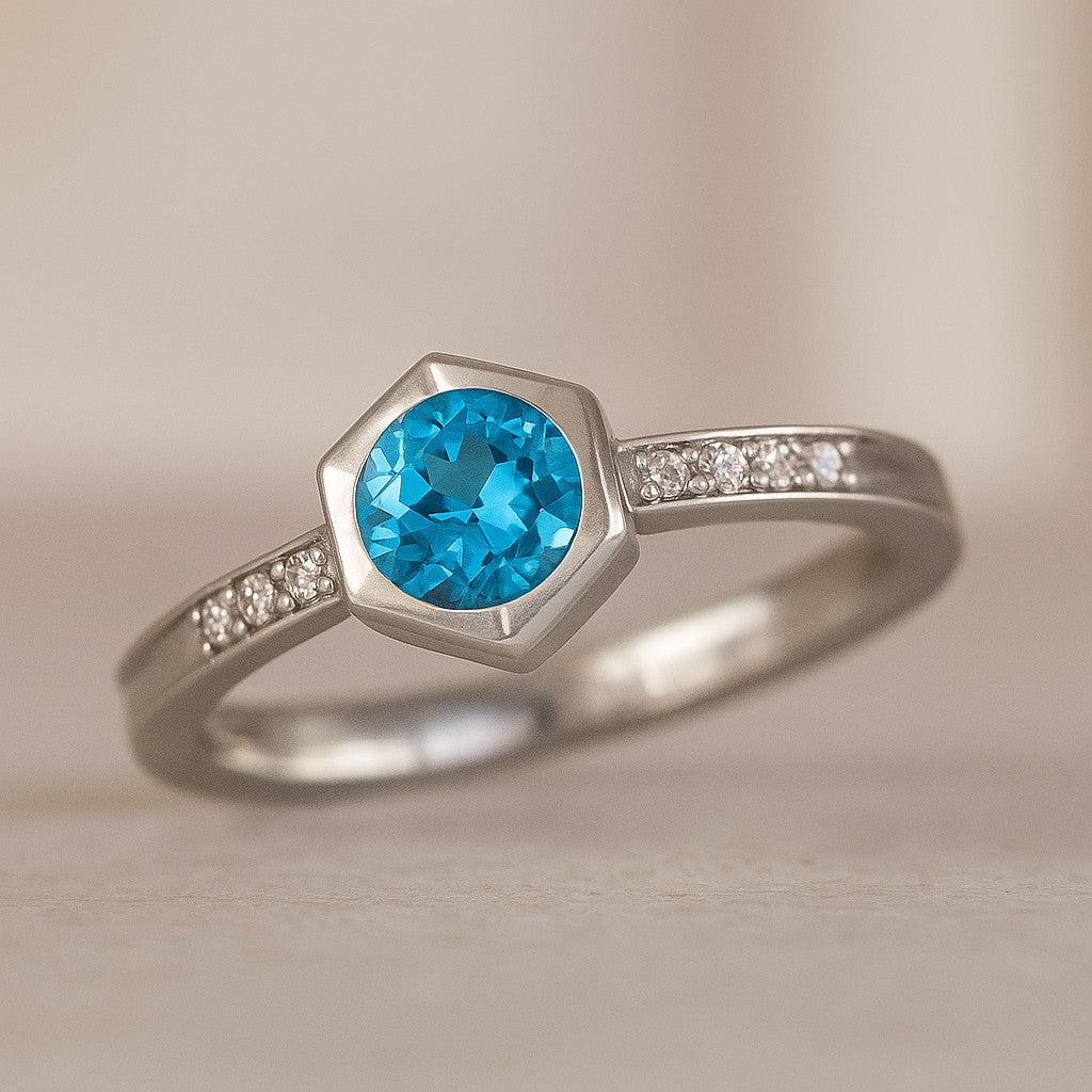Hexagon Bezel Solitaire Ring | Bezel Halo Solitaire Ring | Sterling Silver Birthstone Ring | Genuine Gemstone & Diamond Studded Ring | Personalized Promise Ring | Gift for Her