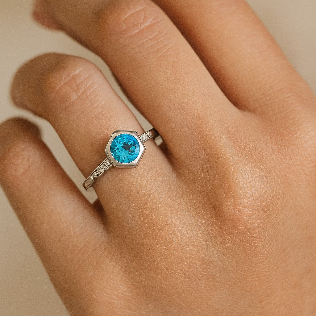 Hexagon Bezel Solitaire Ring | Bezel Halo Solitaire Ring | Sterling Silver Birthstone Ring | Genuine Gemstone & Diamond Studded Ring | Personalized Promise Ring | Gift for Her