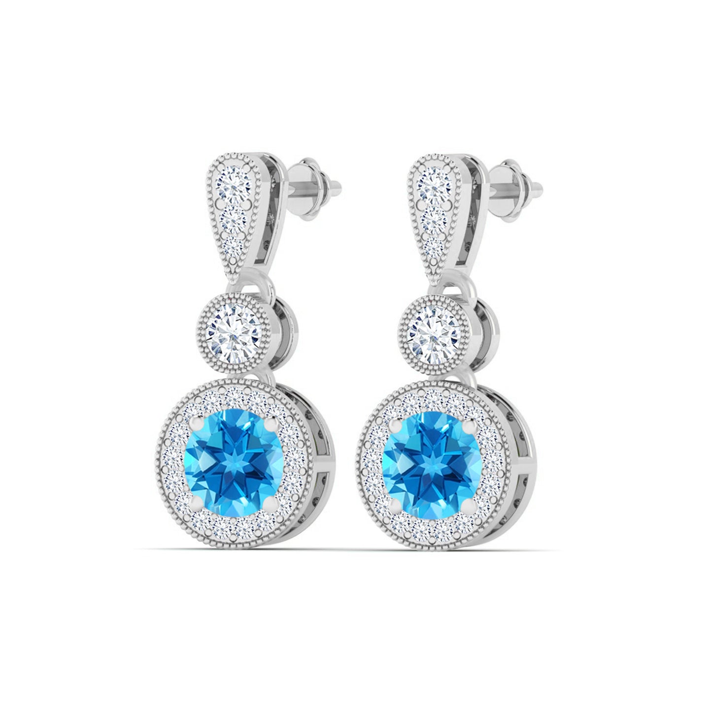 Three-Tier Halo Drop Earrings | 925 Sterling Silver Birthstone Stud Earrings | Diamond Accent Gemstone Earrings | 15 Birthstone Options | Gift for Women